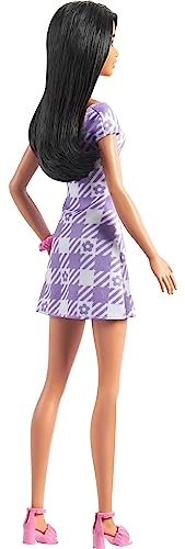 Barbie Fashionistas - Tall Body Wavy Black Hair Purple Gingham Dress Ages 3+