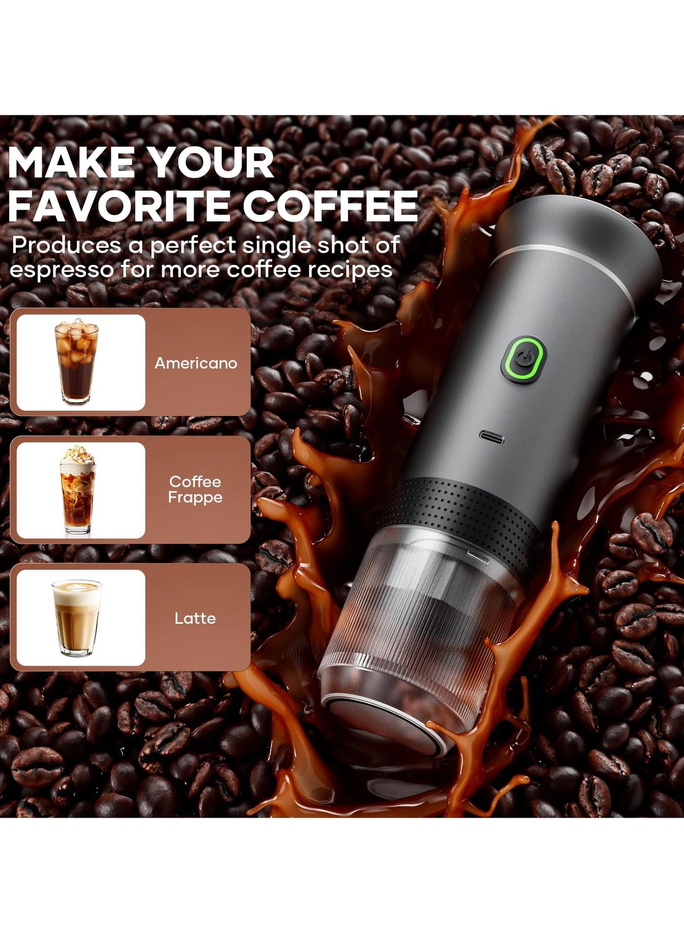 Portable coffee maker - 60 ml ground coffee and capsules