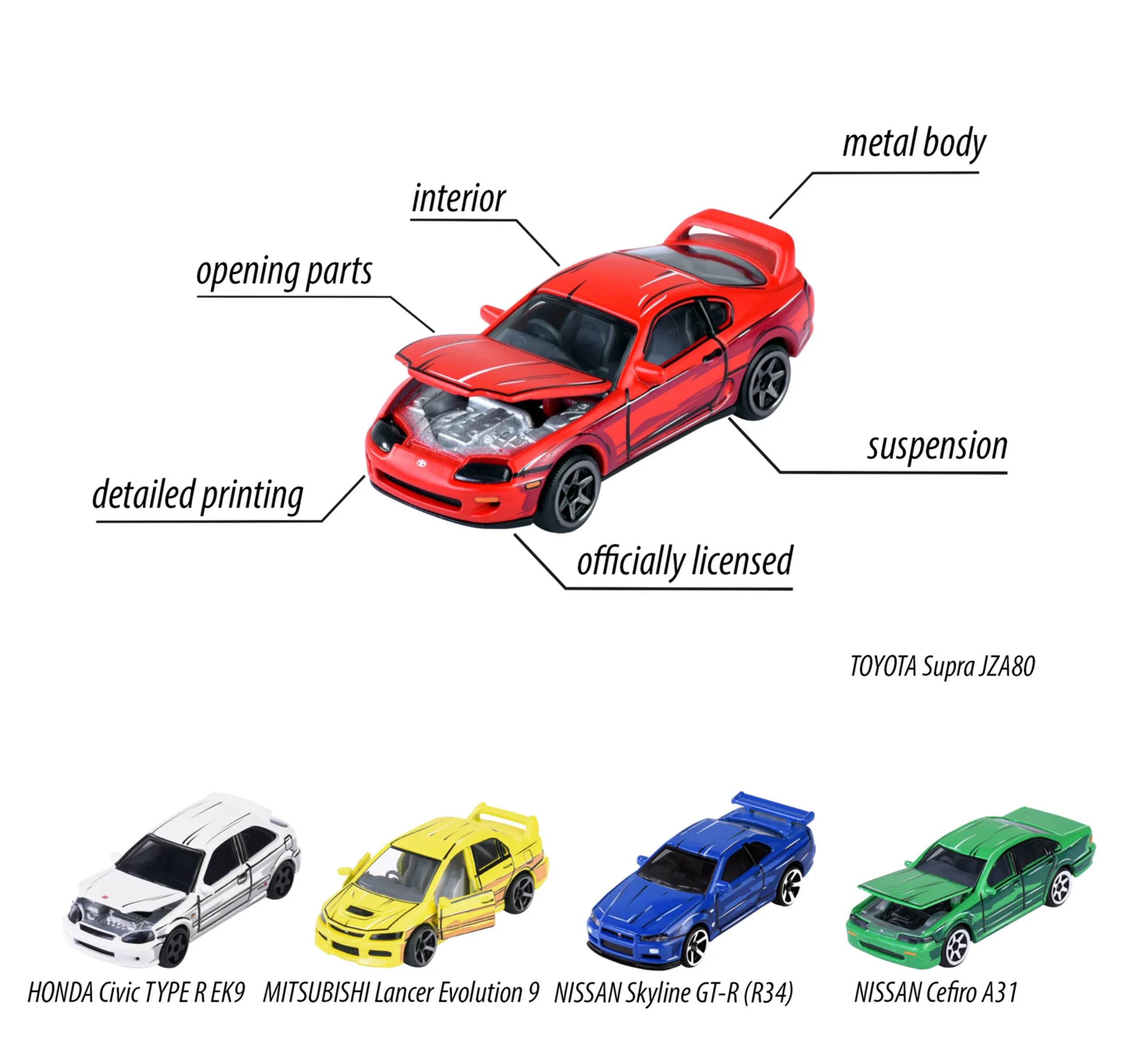 Civic Type R EK9 + Cefiro A31 + Skyline GT-R R34 + Supra JZA80 + Lancer Evolution 9 - 1:64 diecast