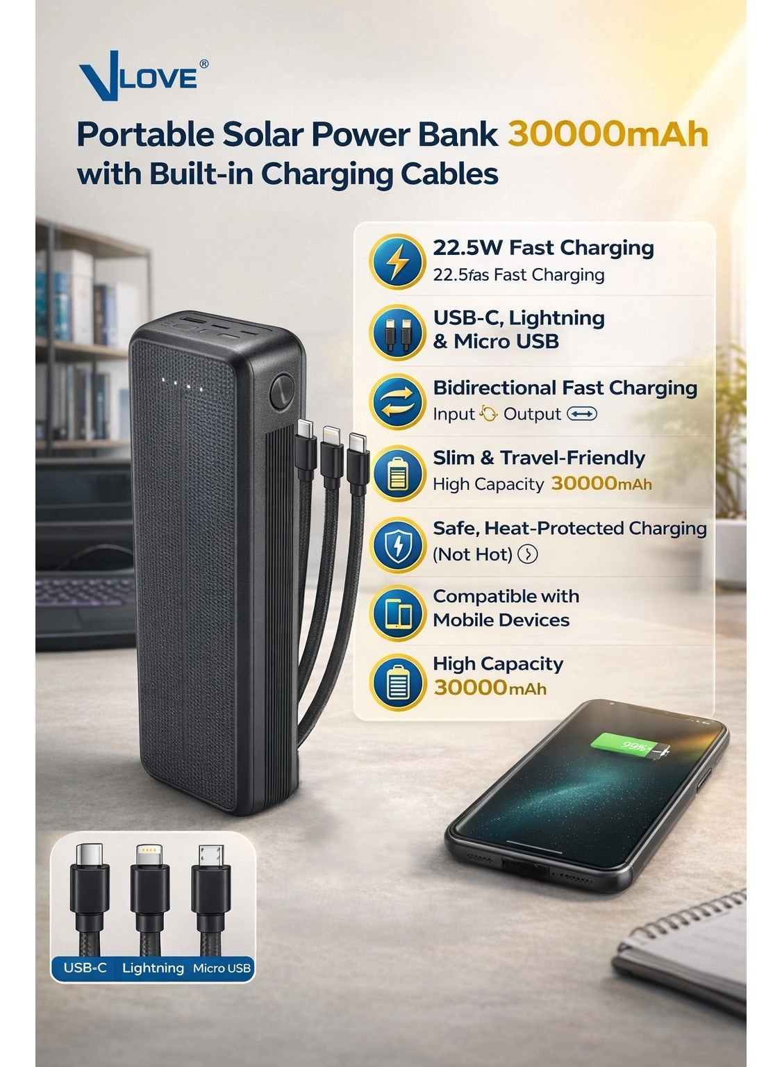 Solar Power Bank - 30000mAh 22.5W Fast Charging