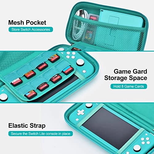 Switch Lite Carrying Case - Turquoise + Switch Game Case + Switch Lite Screen Protector + Switch Stand + Switch Thumb Grips