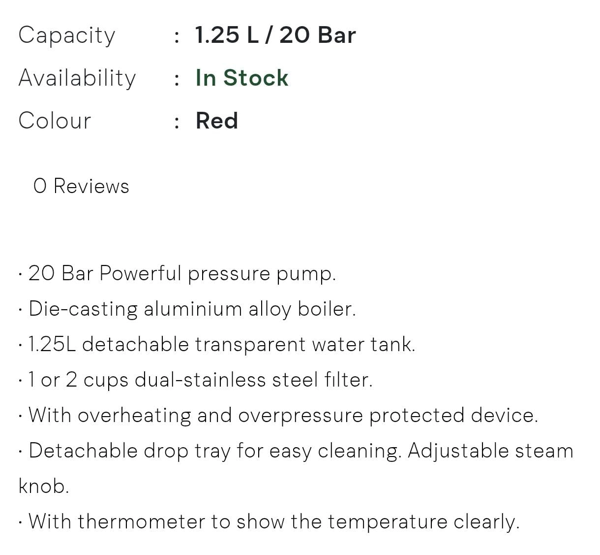 Espresso Coffee Machine - 20 Bar 1.25L