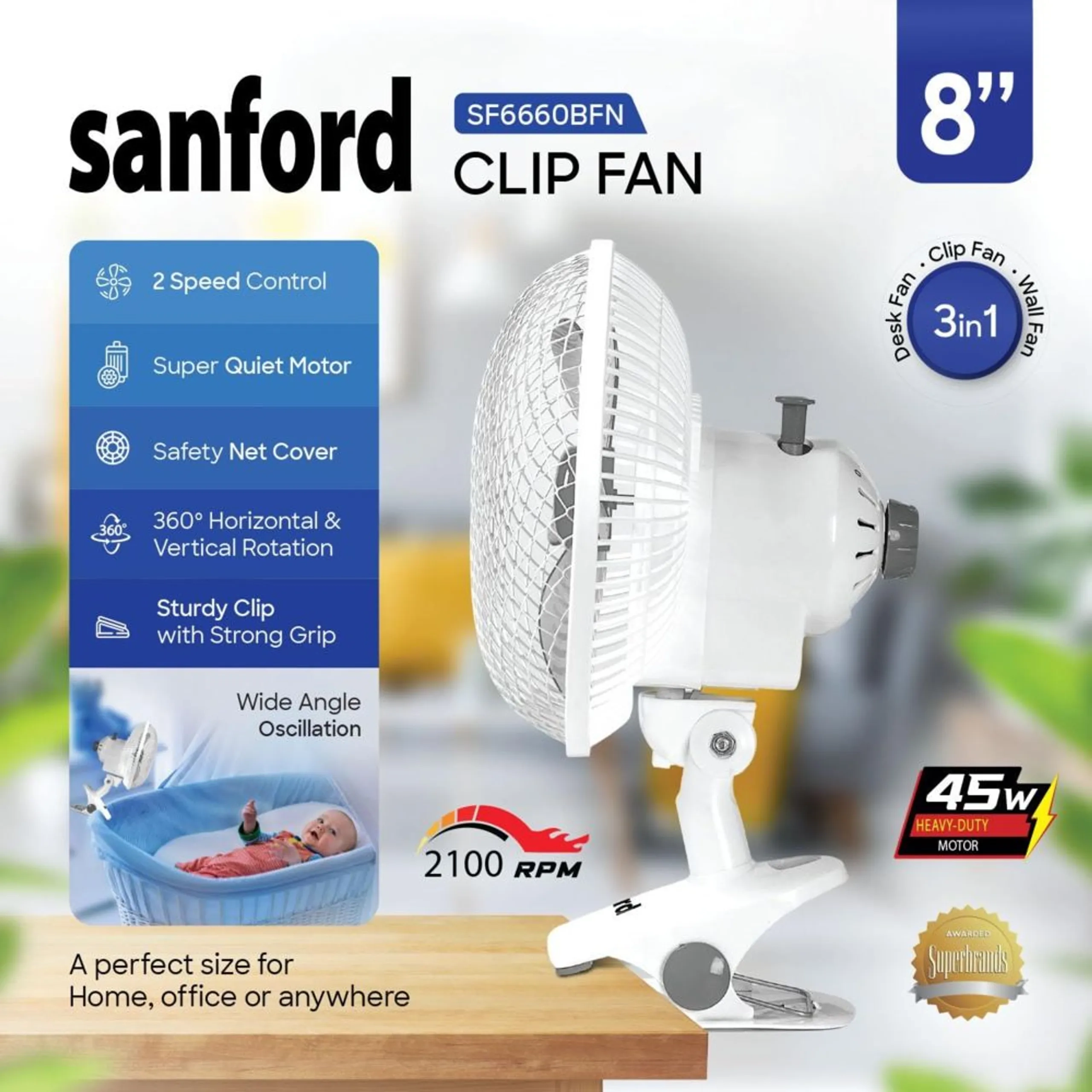 3-In-1 Portable Clip Fan - Desk Clip Wall 20 cm