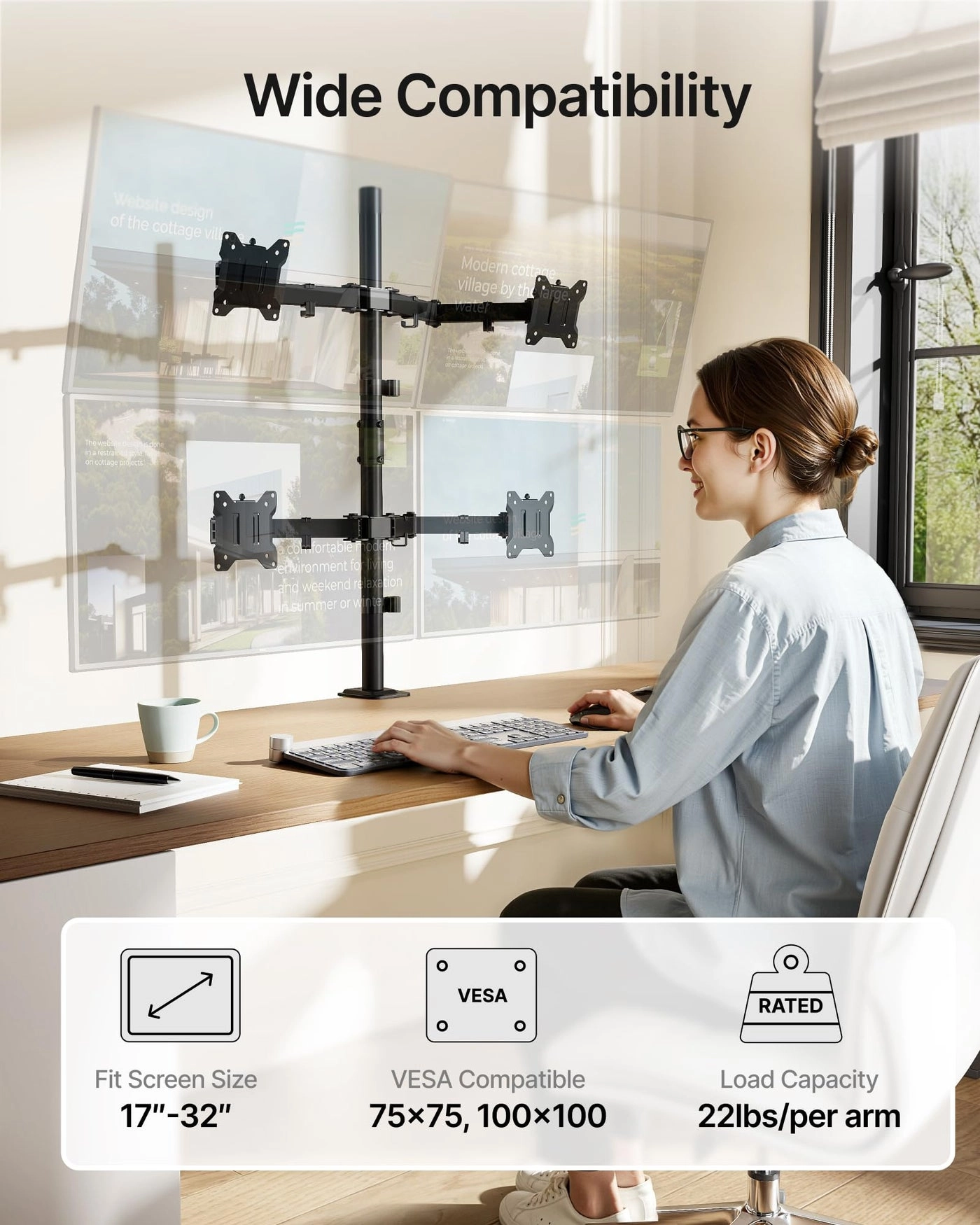 Quad Monitor Stand Mount - 4 17â€-32â€ VESA 75x75mm/100x100mm