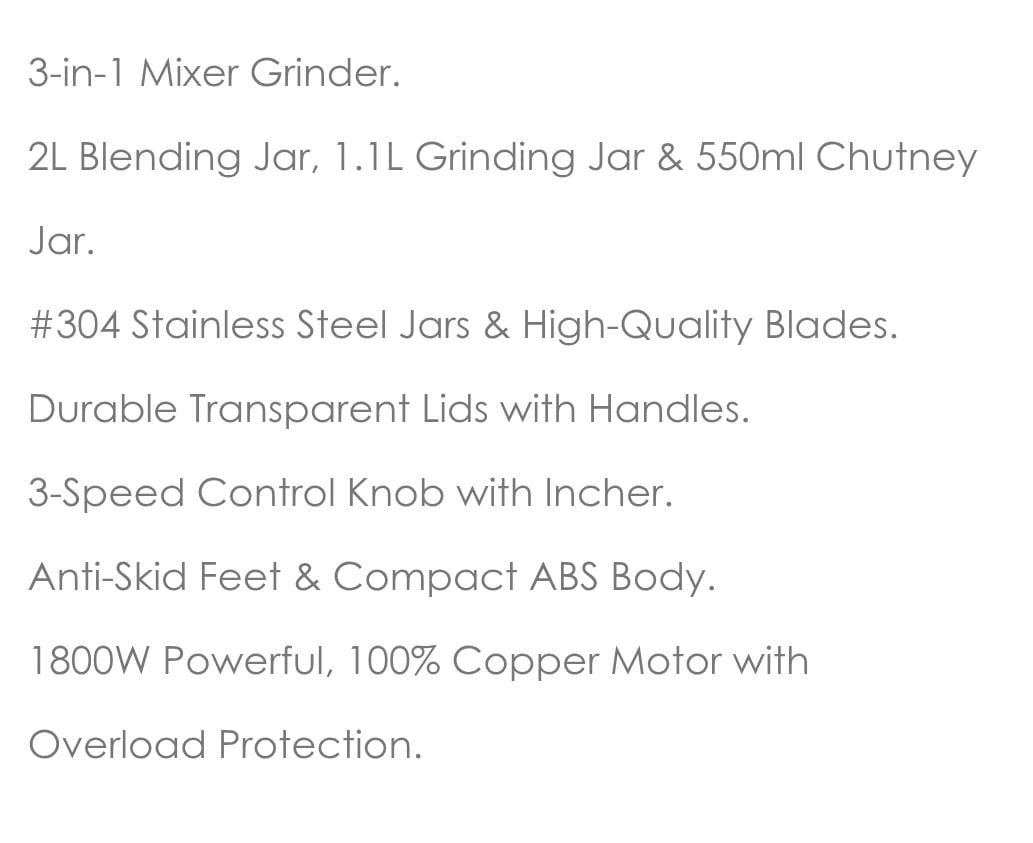 3 in 1 heavy Duty Mixer Grinder Blender - 1800W