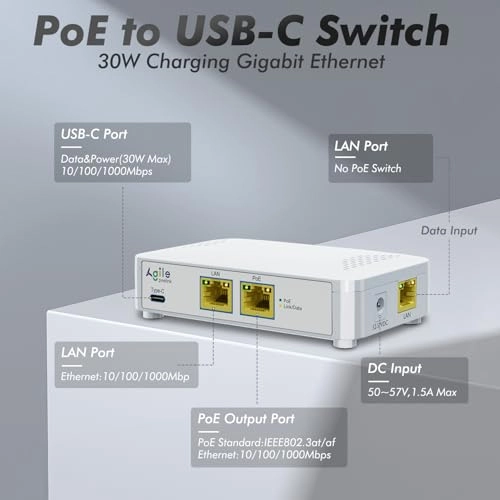 PoE to USB C Switch - 60W 1 Ethernet Port 802.3af/at 1000 Megabits Per Second