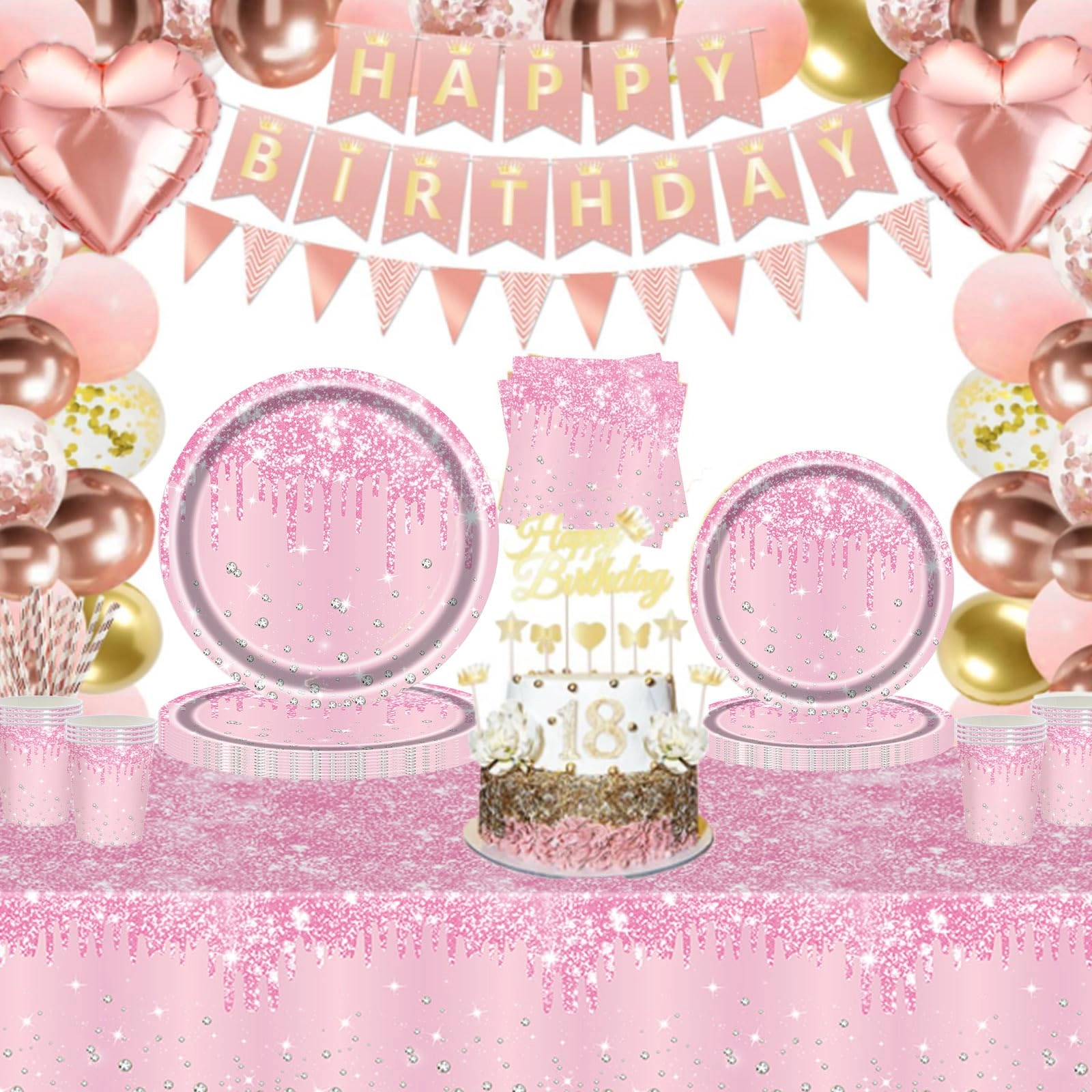 Shiny Glitter Diamond Party Tableware - 81pcs Birthday, Baby Shower Party