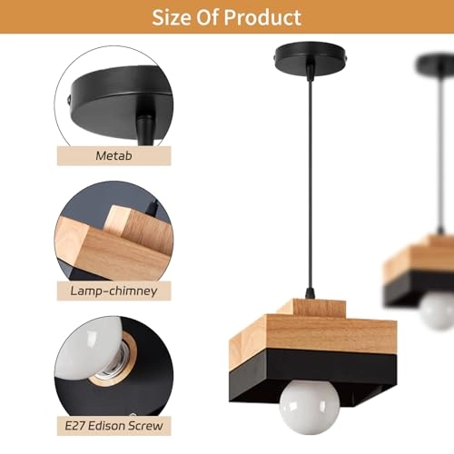 Vintage E27 Square Wood Pendant Light
