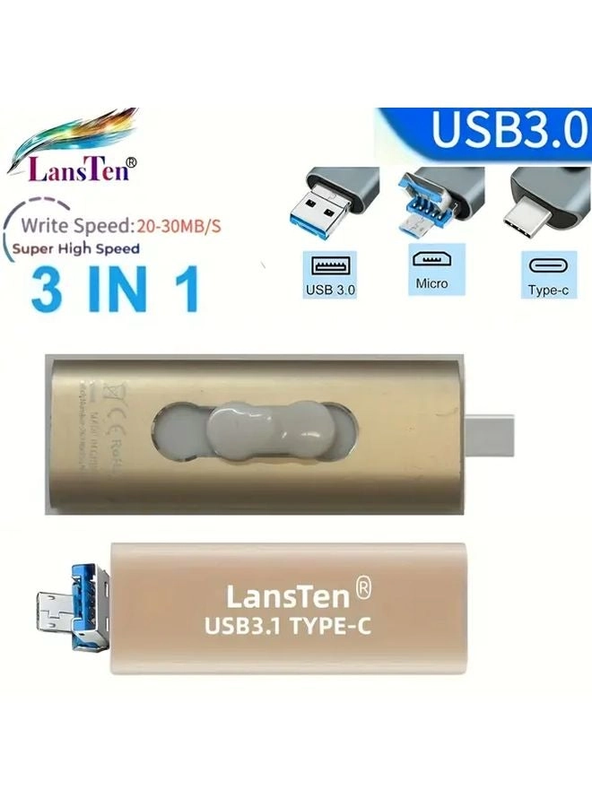 3 In 1 Flash Drive - USB 3.0 Type C Micro USB USB A 128GB