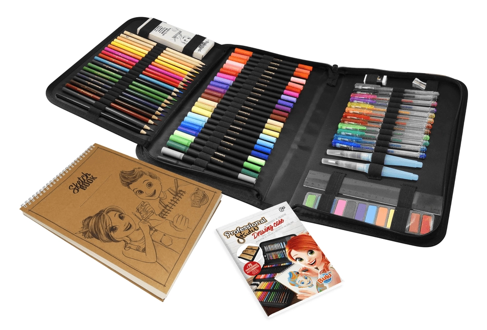 Professional Studio Drawing Kit - 1 case with handle, one 35 sheet sketch pad -300 g, 2 refillable water brushes, 12 cakes of paint, 8 oil pastels, 24 double-ended felt-tip pens, 18 watercolour pencils, 12 gel pens, 2 pencils, 1 rubber, 1 ruler, 1 pencil sharpener and 1 instruction sheet with colour illustrations