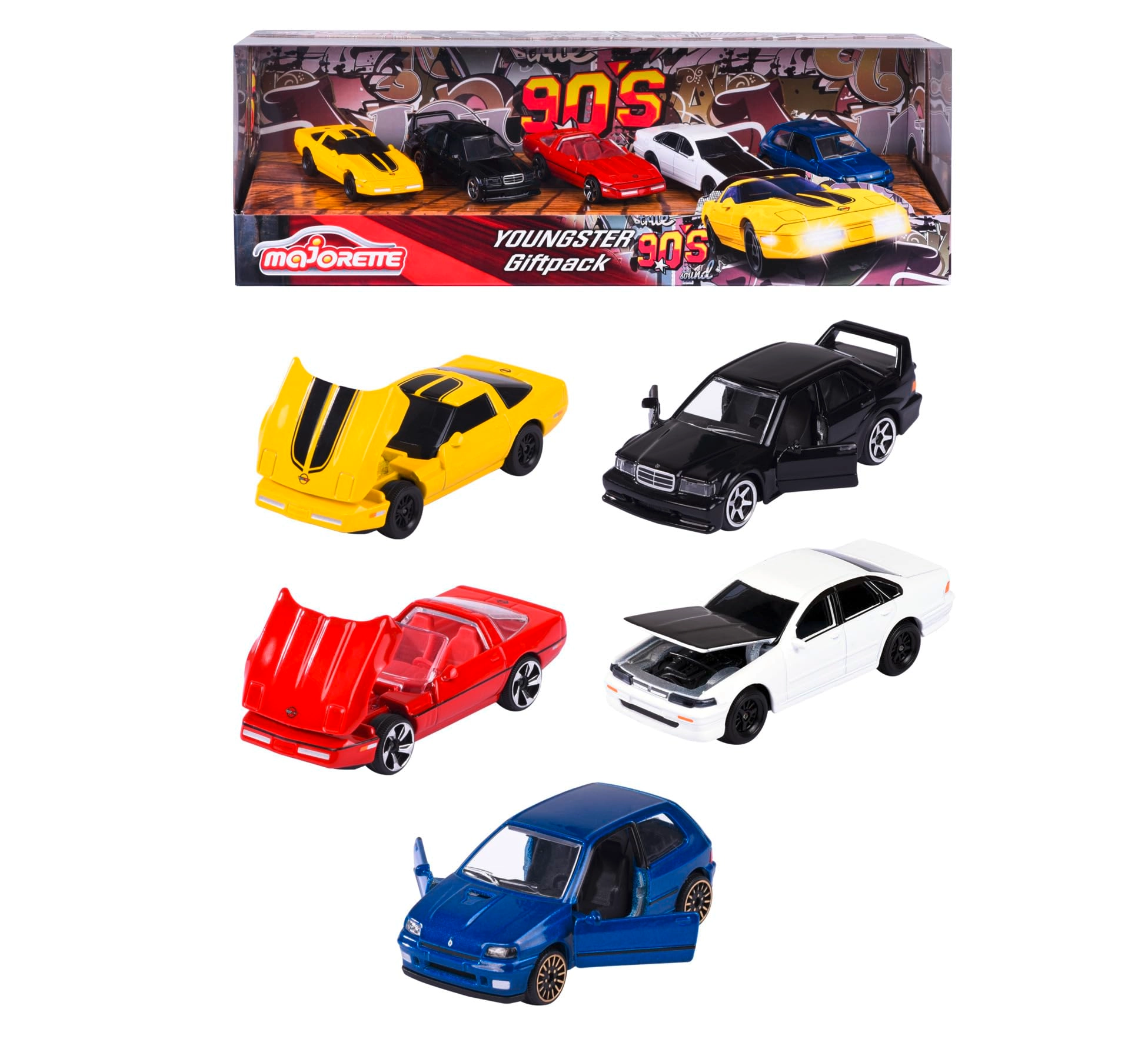 Majorette Chevrolet Corvette C4 ZR-1 1:43 + Mercedes-Benz 190 E 2.5-16 1:43 + Nissan Cefiro A31 1:43 + Renault Clio 16S 1:43