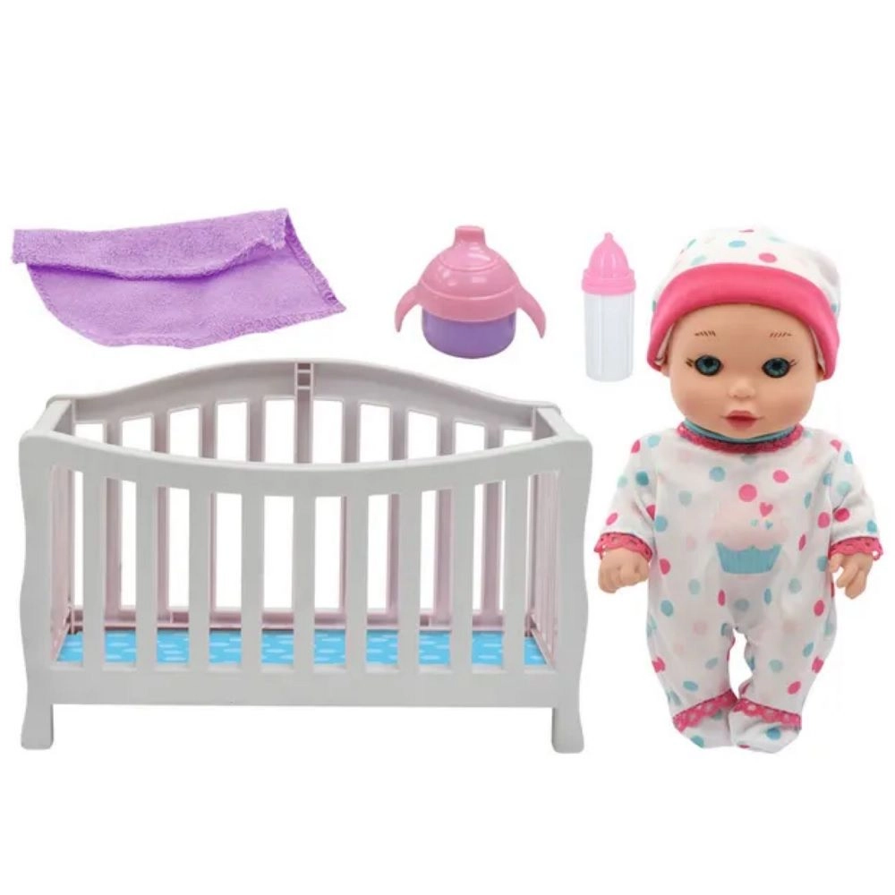 Little Darlings Doll - 8" fully poseable + Crib + blanket + milk bottle + sippy cup Ages 2+