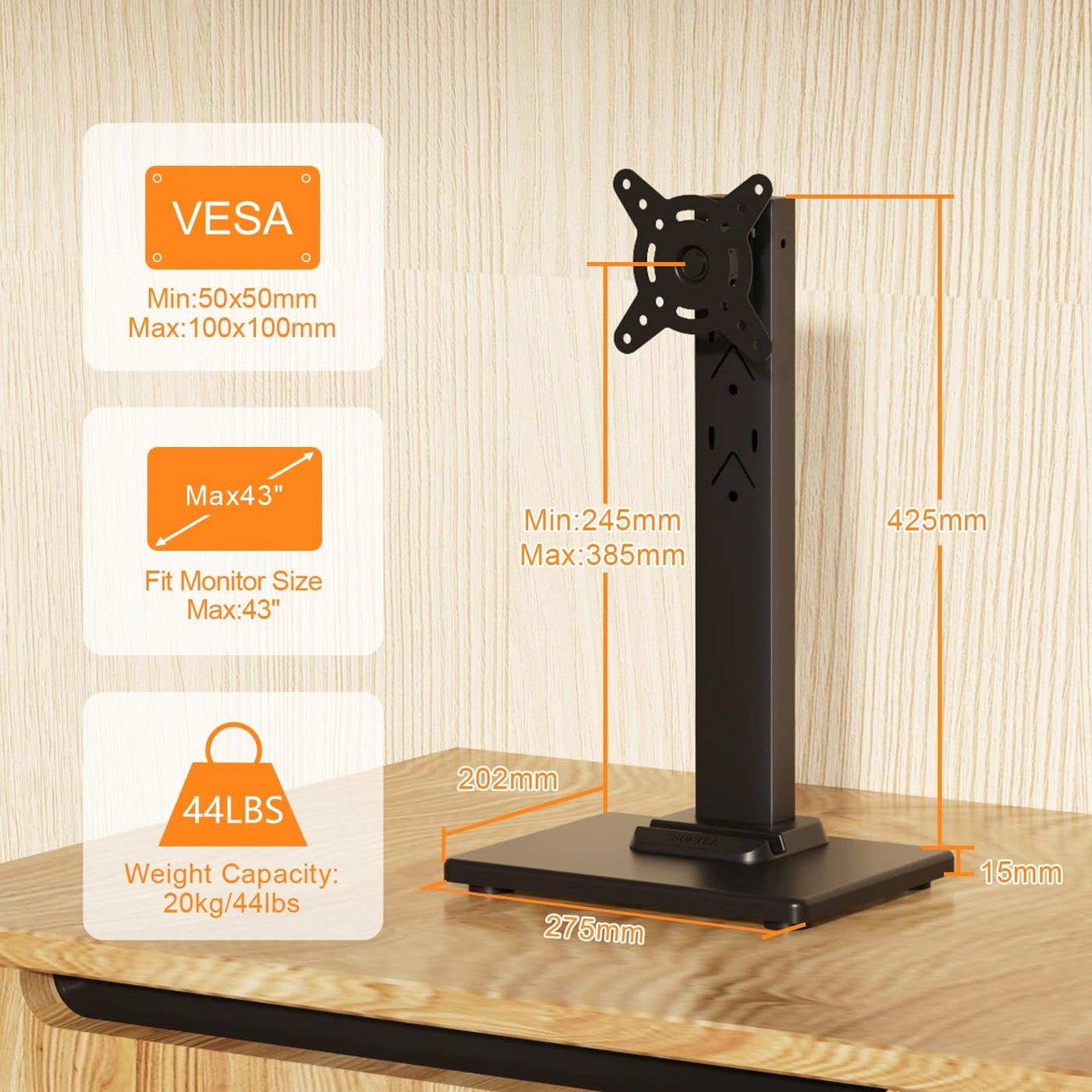 Single LCD Computer Monitor Free-Standing Desk Stand Mount Riser - 13 inch to 43 inch 50,75& 100mm