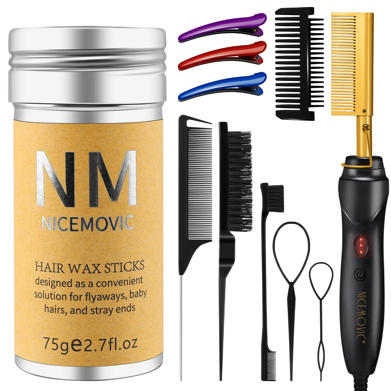 nicemovic Hair Wax Stick + Electric Hot Comb + Slick Back Hair Brush + Rat Tail Combs + Braid Ponytail Maker + Salon Styling Clips