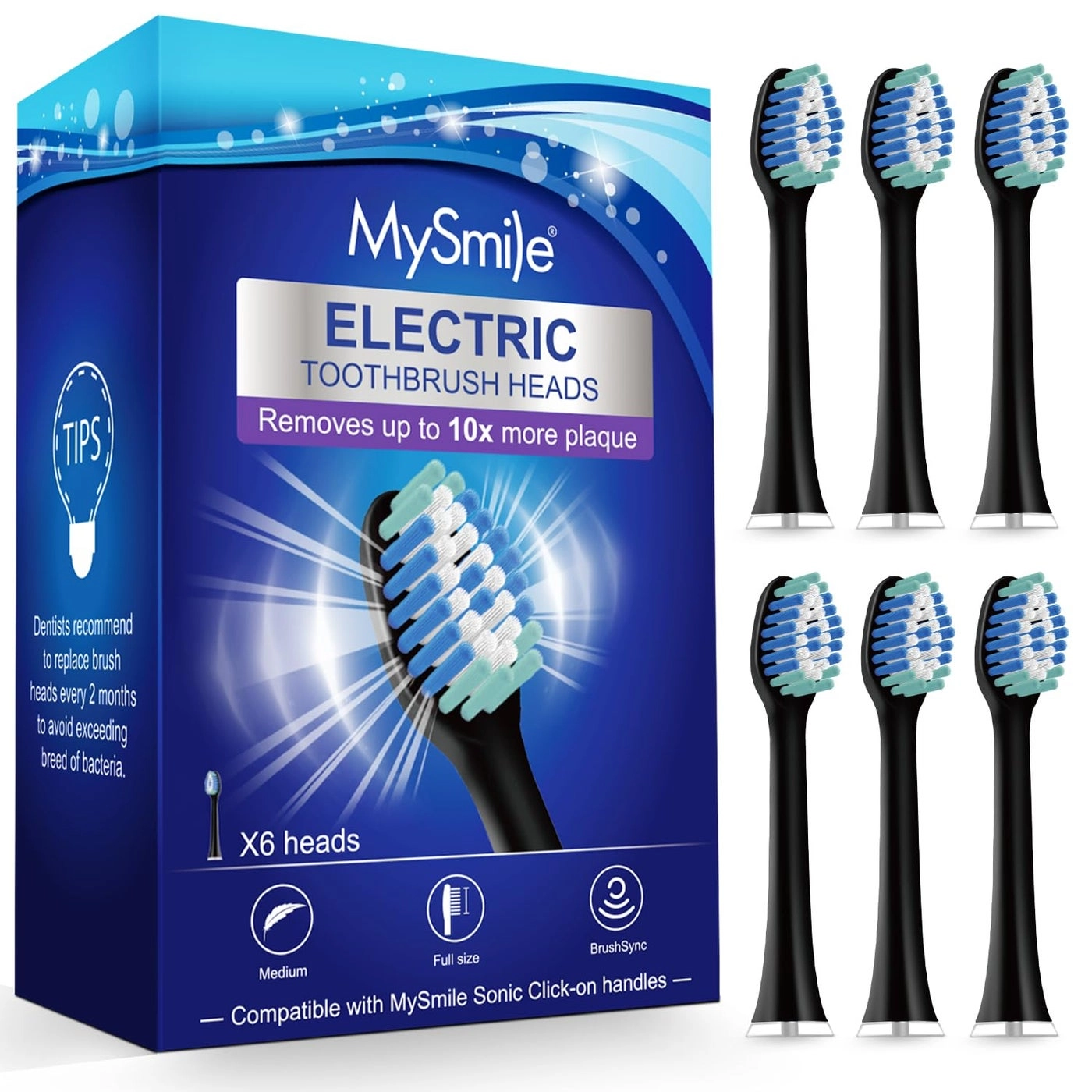MySmile Electric Toothbrush Replacement Heads - 6 Packs Black