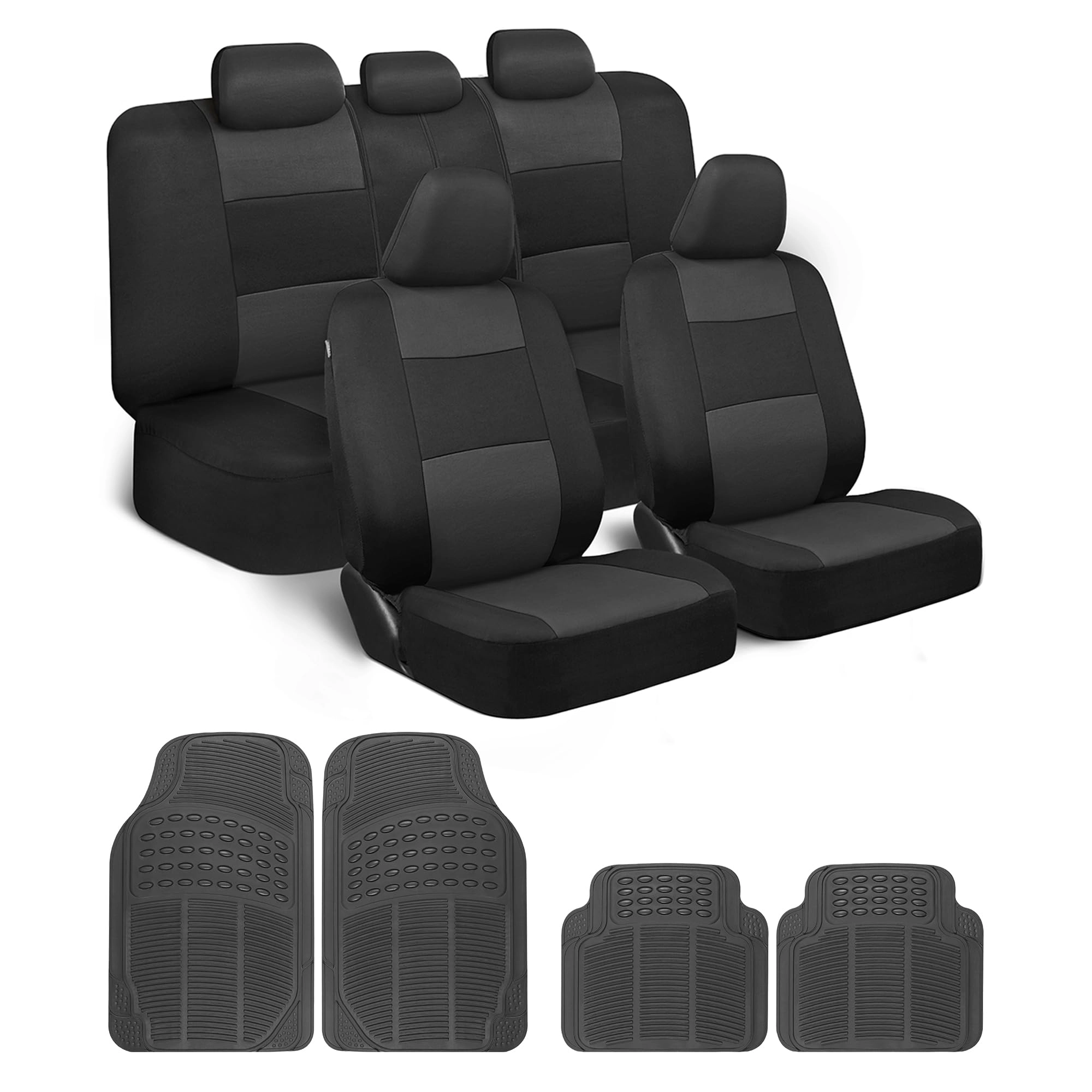 BDK PolyPro Car Seat Covers - Full Set Gray Combo + ProLiner Floor Mats - 4-Piece All-Weather Black