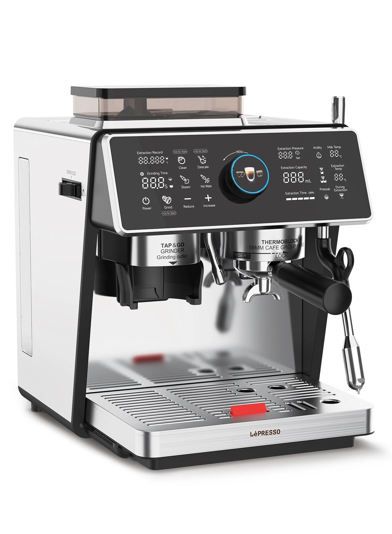 LePresso LPCFFVSA0047SL - Dual Boiler Dual Pump Touch Display Conical Burr Grinder Milk Steamer