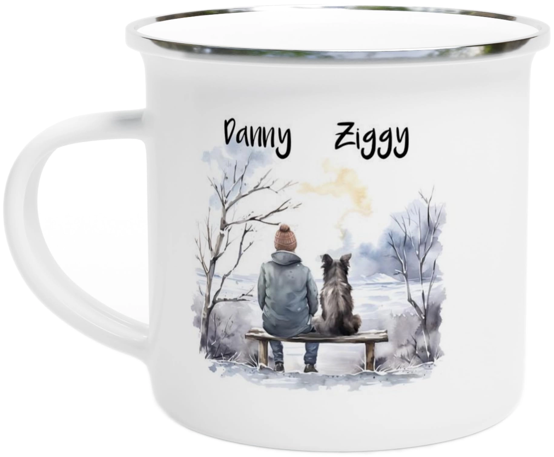 engravables Winter Man & Dog 2 Enamel Mug - 1 pcs Personalised