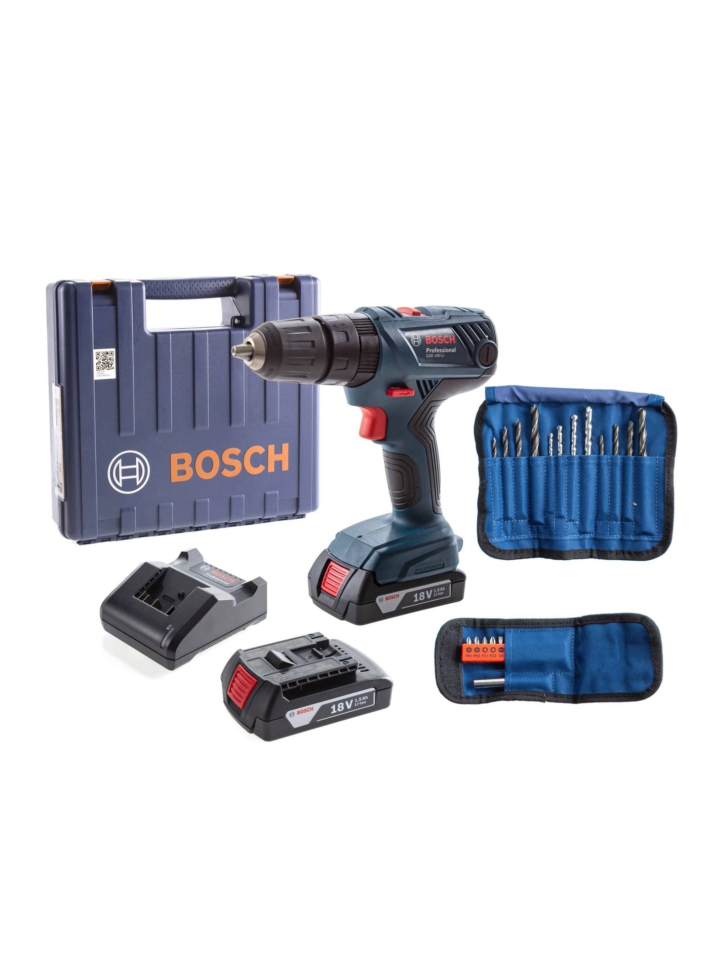 GSB 180-Li - 1.5 Ampere-hour + Drill Bit Set + Screw Bit Set