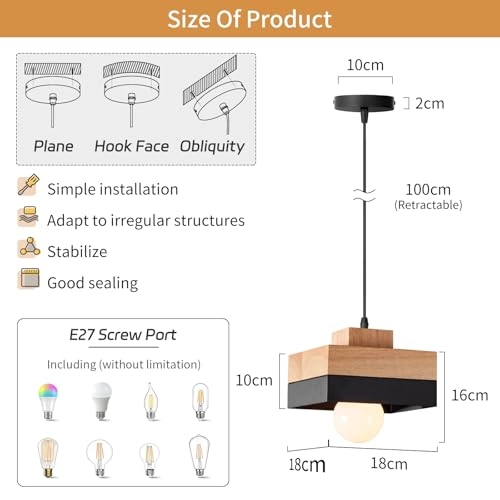 Vintage E27 Square Wood Pendant Light