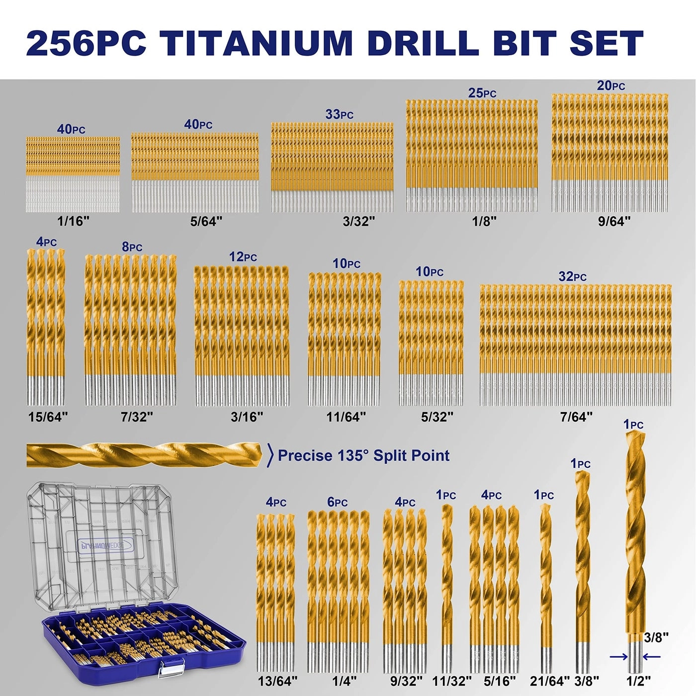 Twist Drill Bit Set - Titanium 276pc 1/16" up to 1/2"