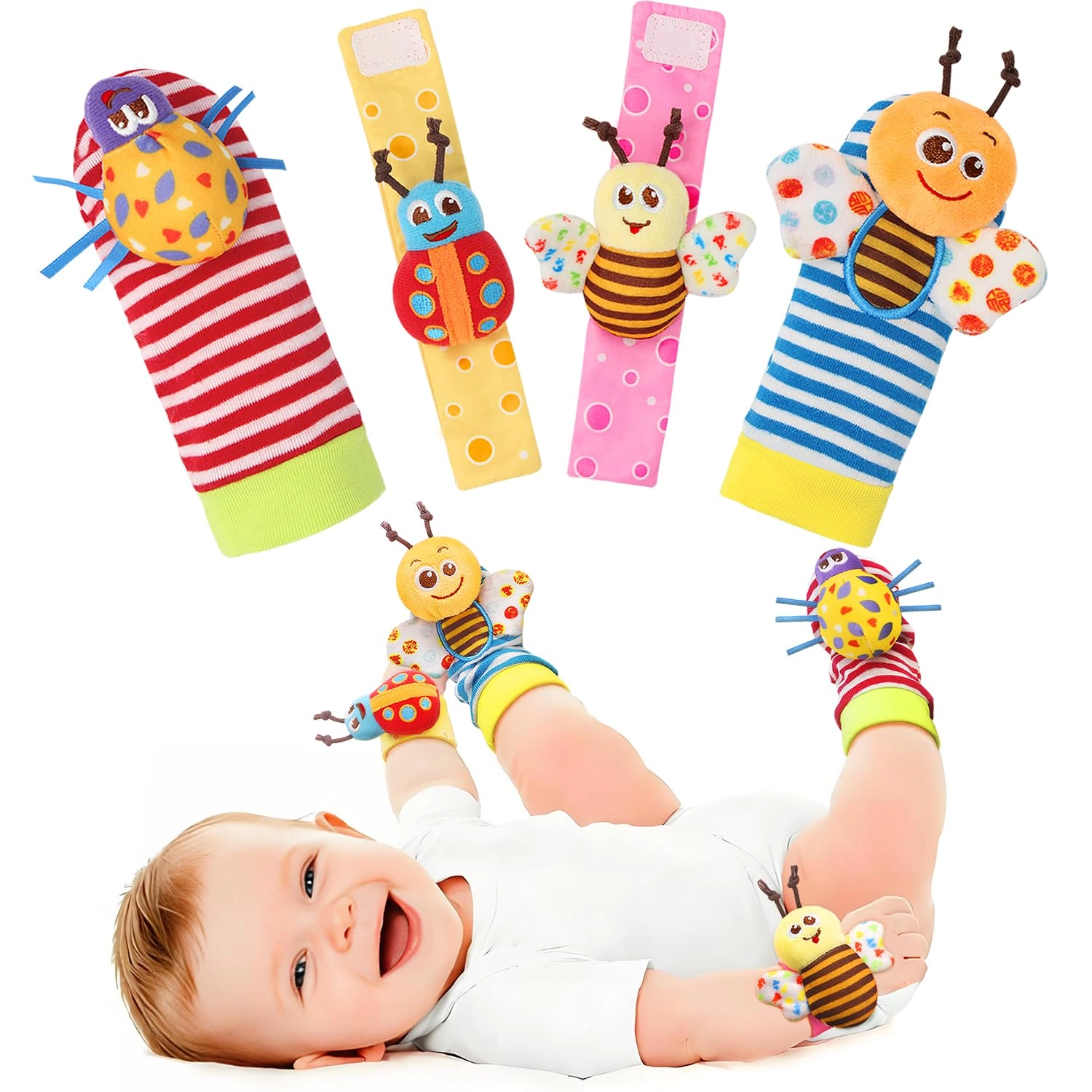 Wrist Rattle Socks and Foot Finder Set - 0-36 Months Fabric Bugs Cartoon Images 1.0 Count