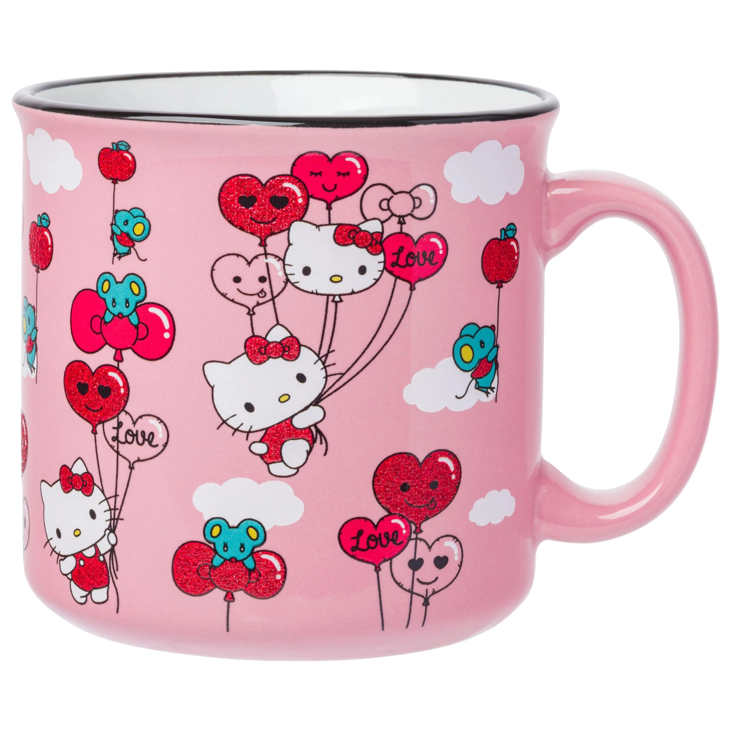 Silver Buffalo Hello Kitty Ceramic Camper Mug - 1 pcs Glitter Heart Balloons