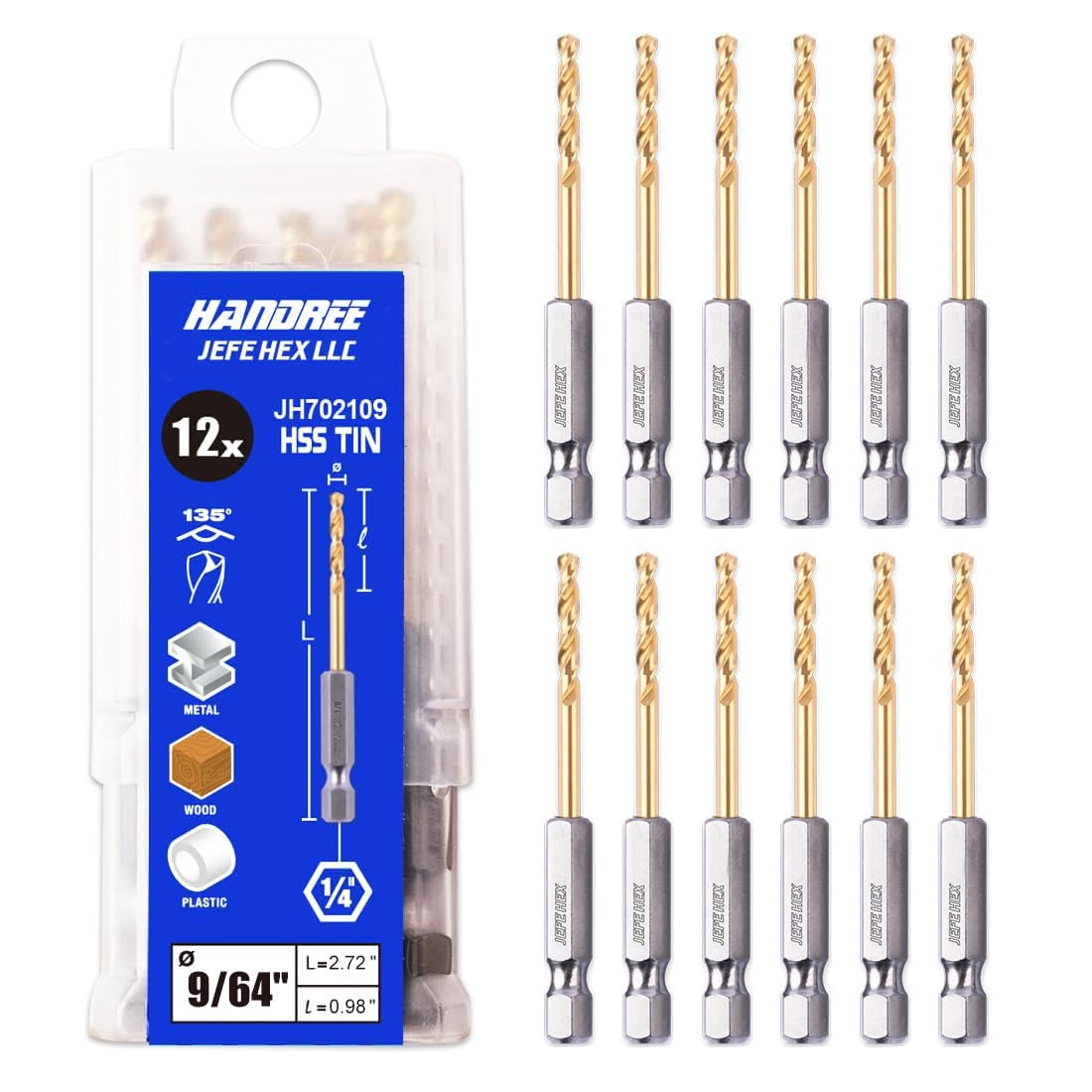JEFE HEX Hex Shank Drill Bit Set - Hss Titanium Coated 12-Piece 9/64""