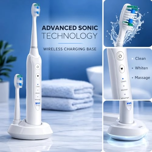 Sonic Toothbrush - 3 Brushing Modes 5 Replacement Heads Inductive Charging