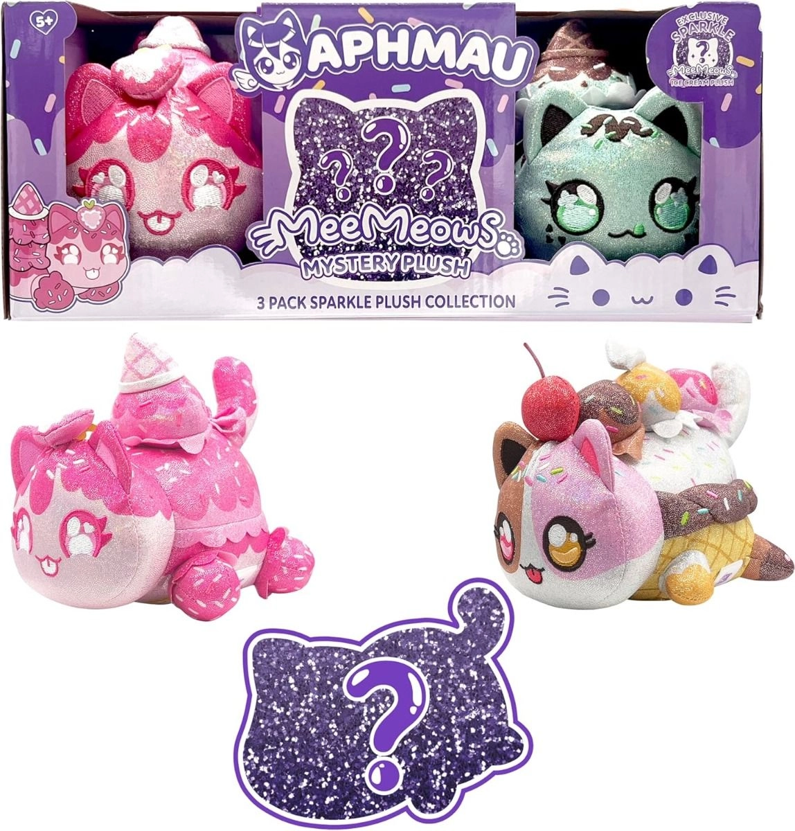 APHMAU MeeMeow Sparkle Strawberry Cat 15.2 cm Plush + MeeMeow Sparkle Mint Chip Cat 15.2 cm Plush + MeeMeow Sparkle Ice Cream 15.2 cm Plush