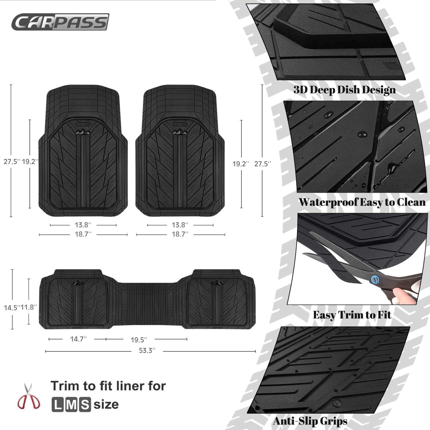 Rubber Floor Mats - All Weather Trim-to-Fit 3-Piece