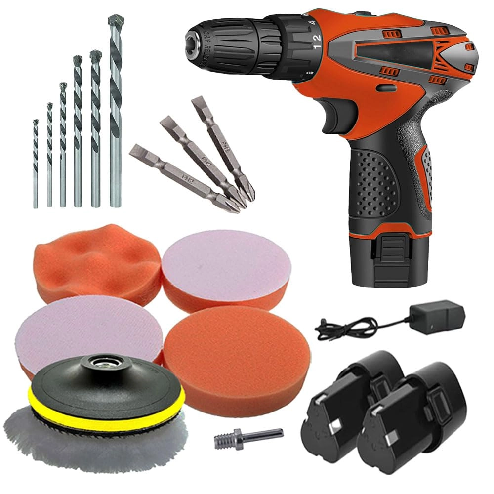 Cordless Screwdriver drill machine - 12V 0-10mm + 1200 mAh Battery + Charging Adapter + Polishing Pad kit - 5 inch
