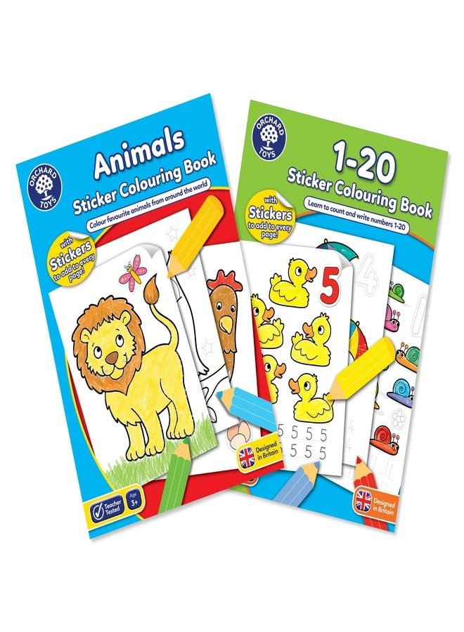 Orchard Toys Animals Sticker Colouring Book + 1 to 20 Numbers Sticker Colouring Book - 3 to 7 Years
