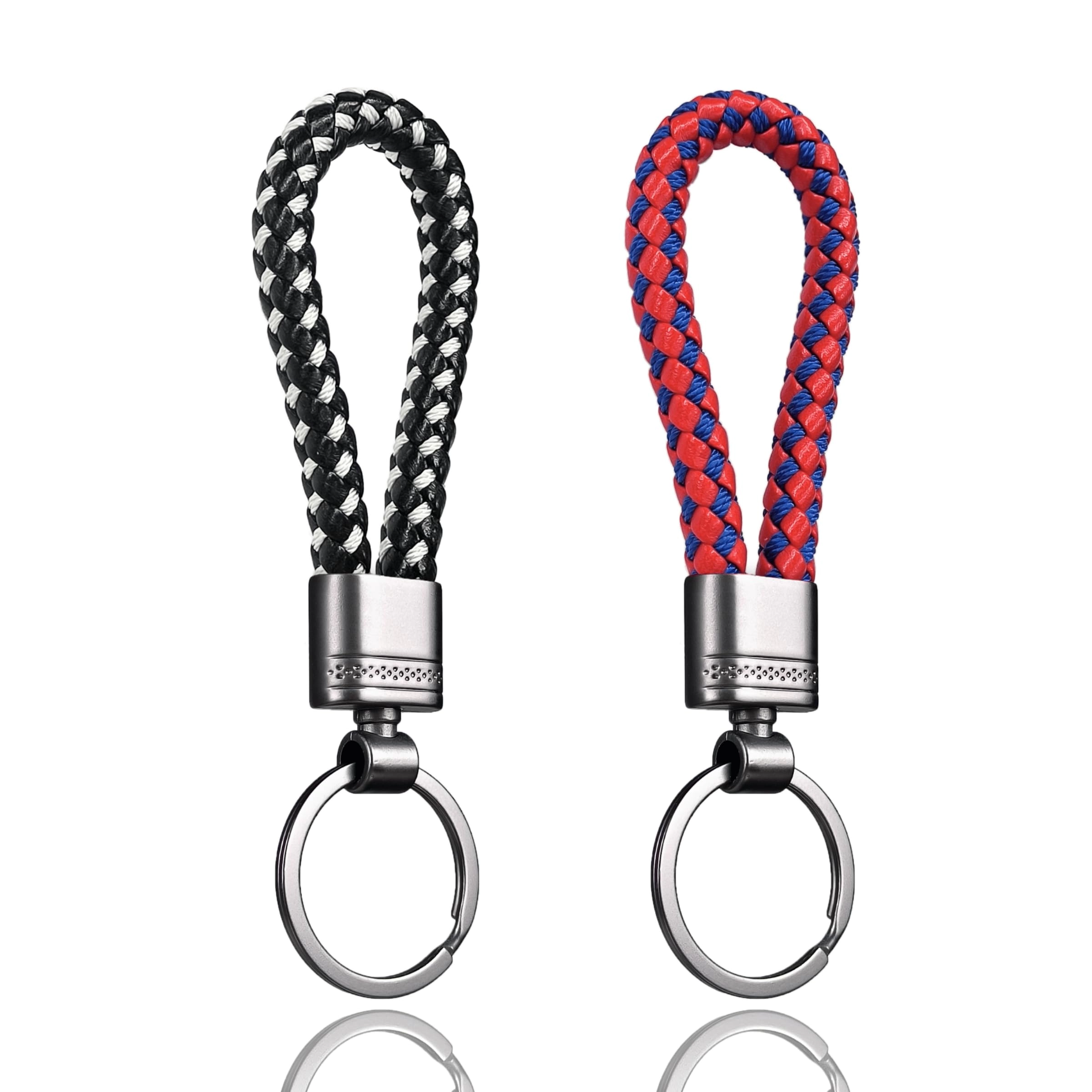 lynixtrade Mixed Weave Leather Keyrings - Two-Pack Black & White Red & Blue