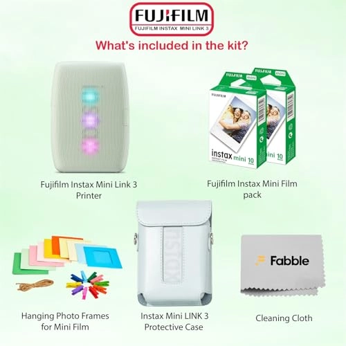 Instax Mini Link 3 - Smartphone Printer + Protective Case + INSTAX MINI Instant Film - 20 Sheets + Hanging Photo Frames + Microfiber Cleaning Cloth