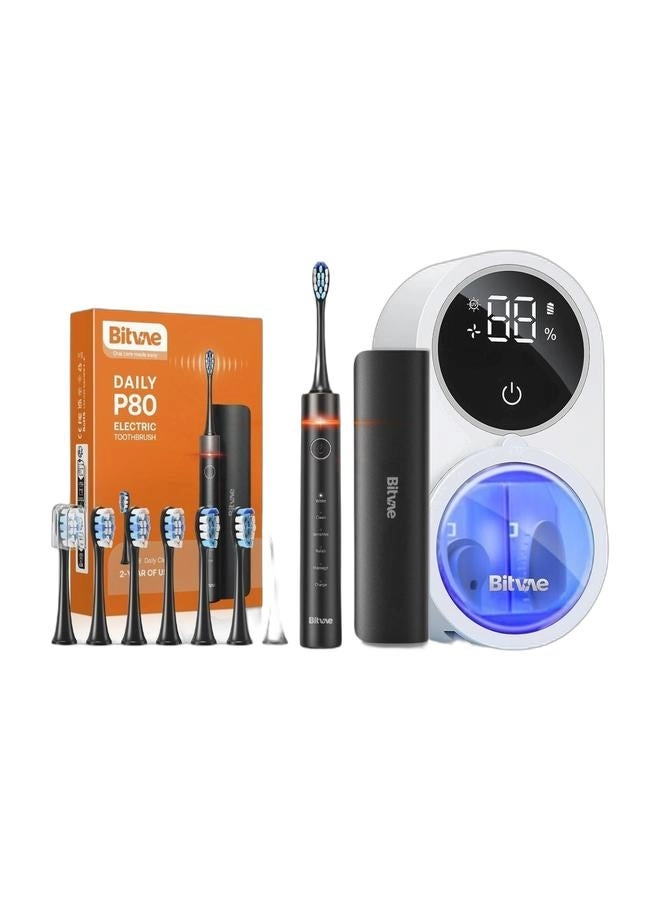 Bitvae P80 Ultra Sonic Toothbrush - 8 Heads Pressure Sensor Timer + UV Toothbrush Sanitizer - Holder UV-C + USB-C Hygiene Case - Travel-Friendly