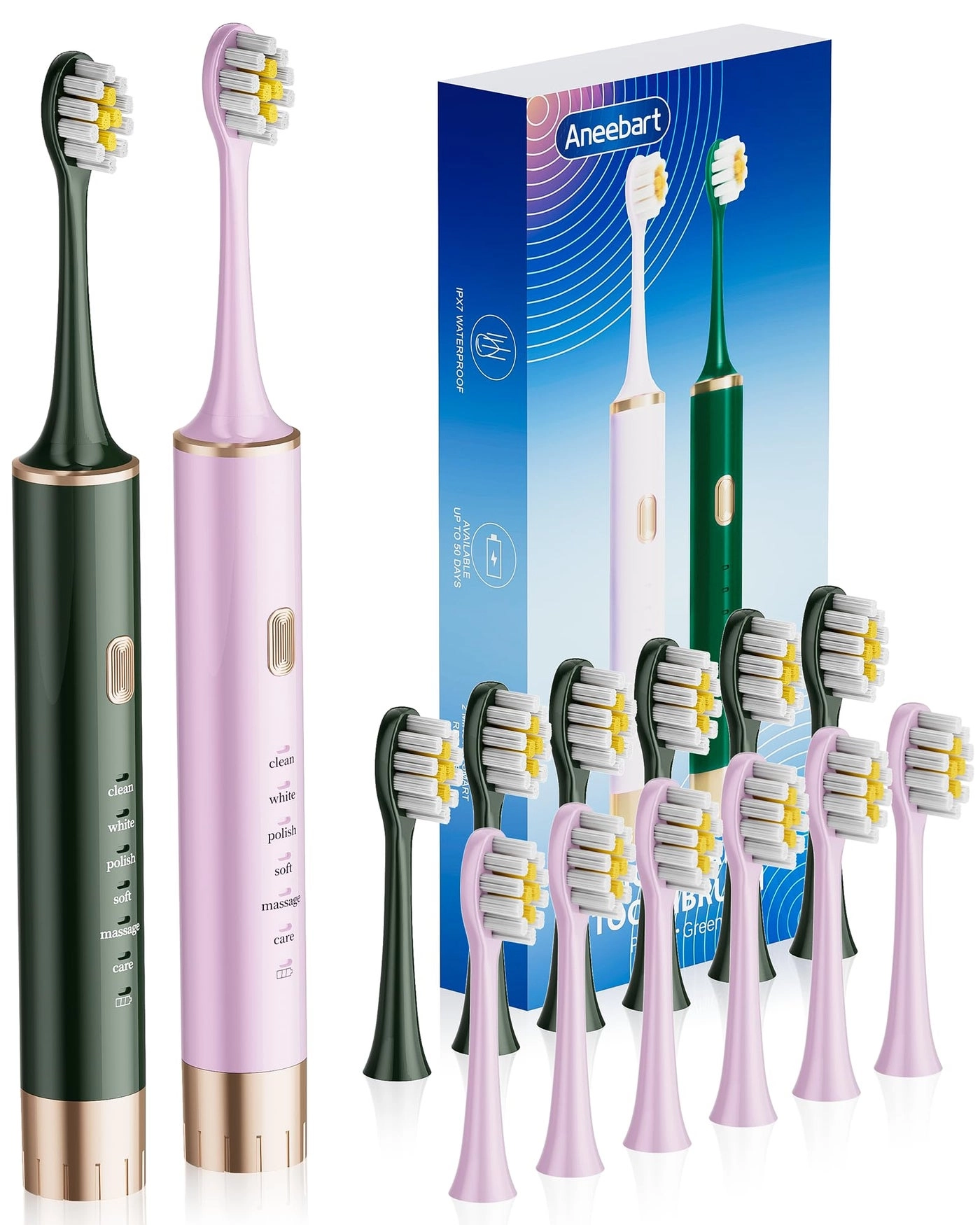 Electric Toothbrush - 2 Pack 6 Modes + Replacement Toothbrush Heads - 12