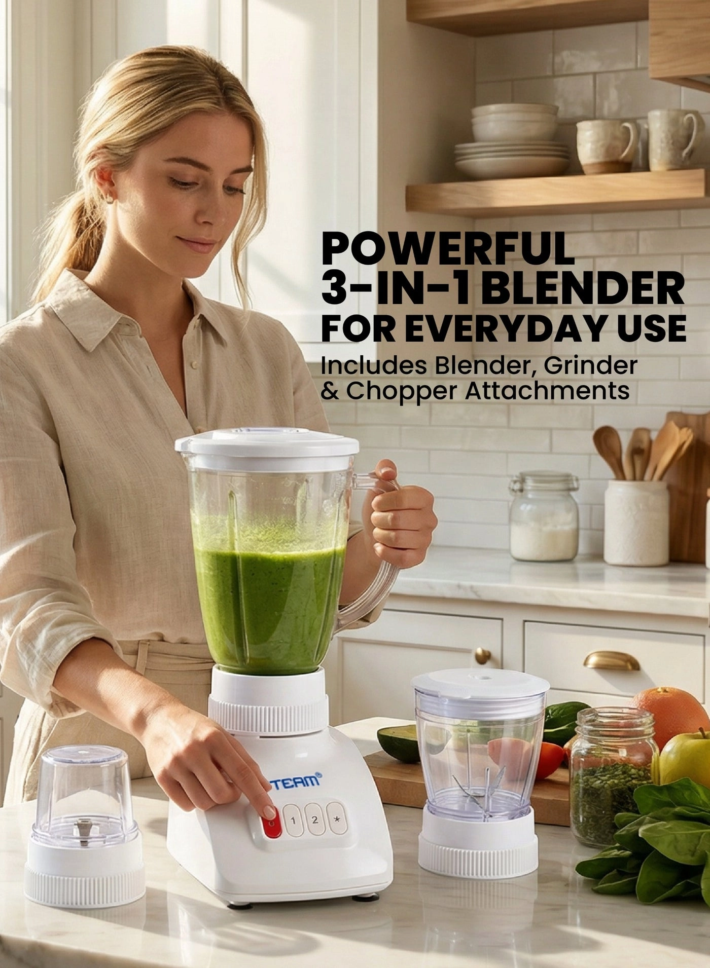 3-in-1 Blender - Grinder and Chopper, Stainless Steel Blades, 2 Speeds + Pulse
