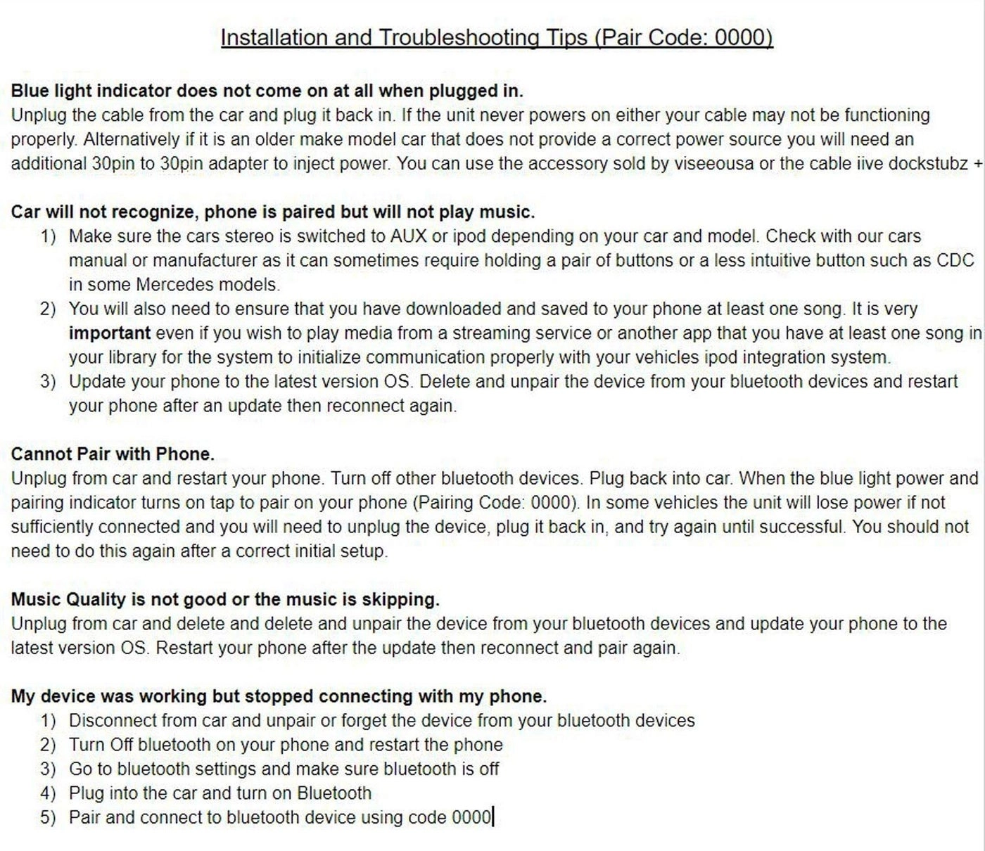 1000 - Bluetooth Wireless Audi Mercedes Volkswagen