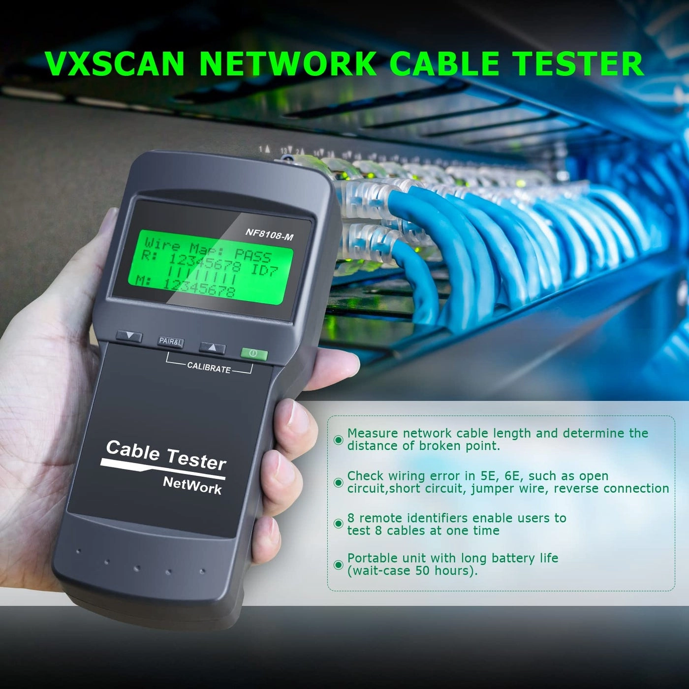 RJ45 Network Cable Tester - Cat5/CAT5e/CAT6/CAT6e Length Measurement Continuity Checking