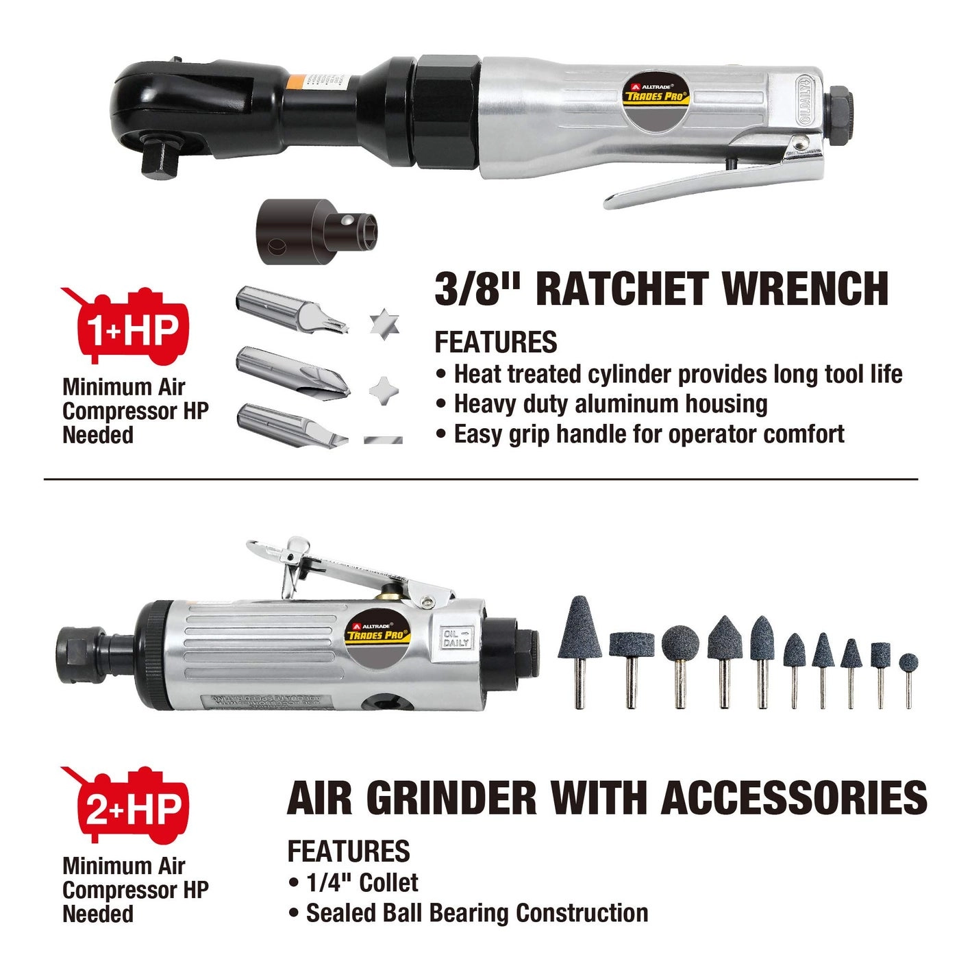 Impact Wrench - 1/2" 230 ft-lbs + Air Ratchet - 3/8" 45 ft-lbs + Die Grinder + Aire Hammer + Hose Fittings + Storage Case