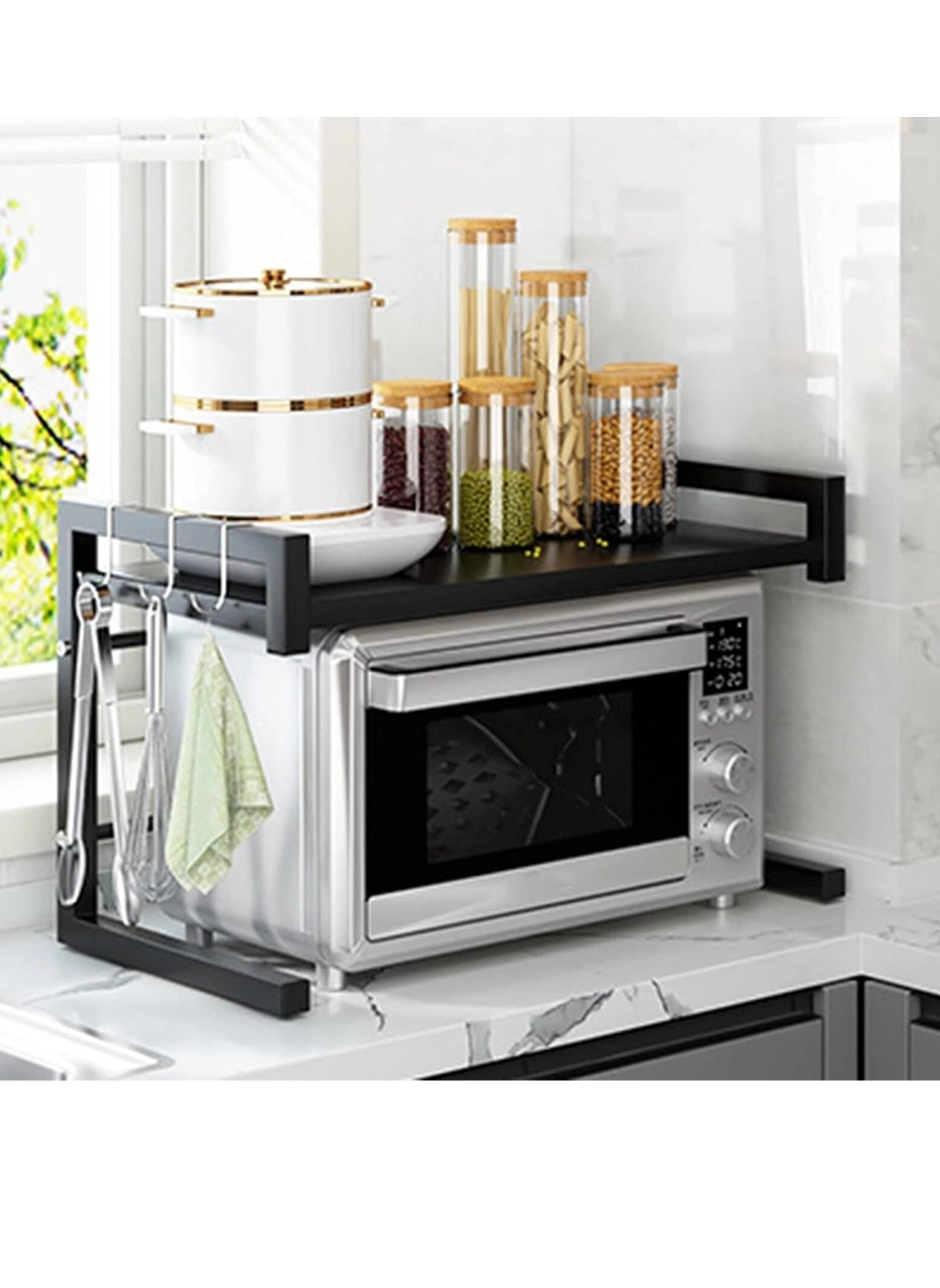 Expandable Microwave Oven Rack - 2 Tier Carbon Steel 6 Hooks