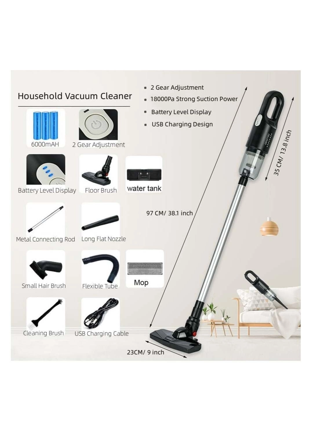 Handhed Cordless Vacuum Cleaner - 6,000 mAh