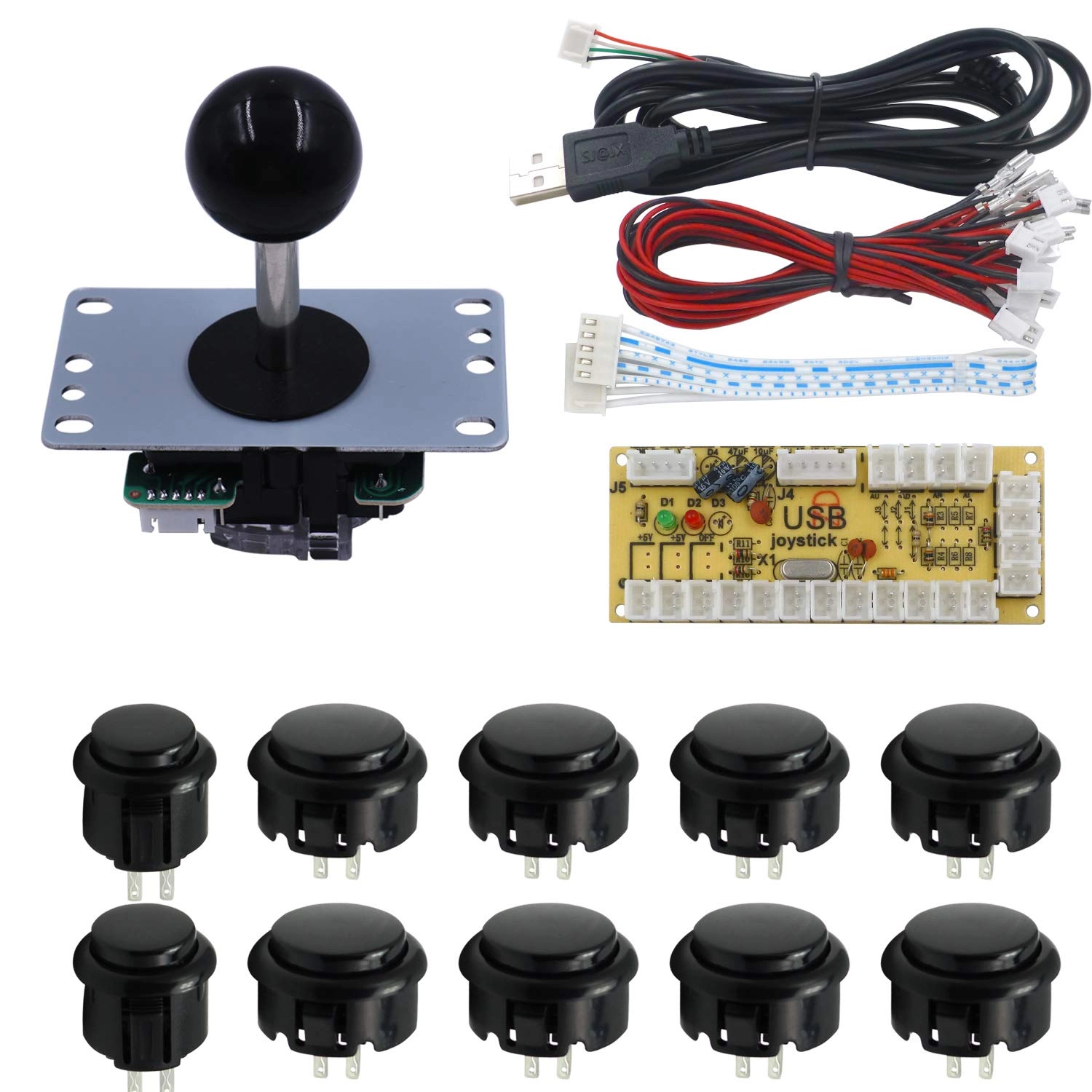 SJ@JX USB encoder board + Sanwa-style Joystick - Black Raspberry Pi