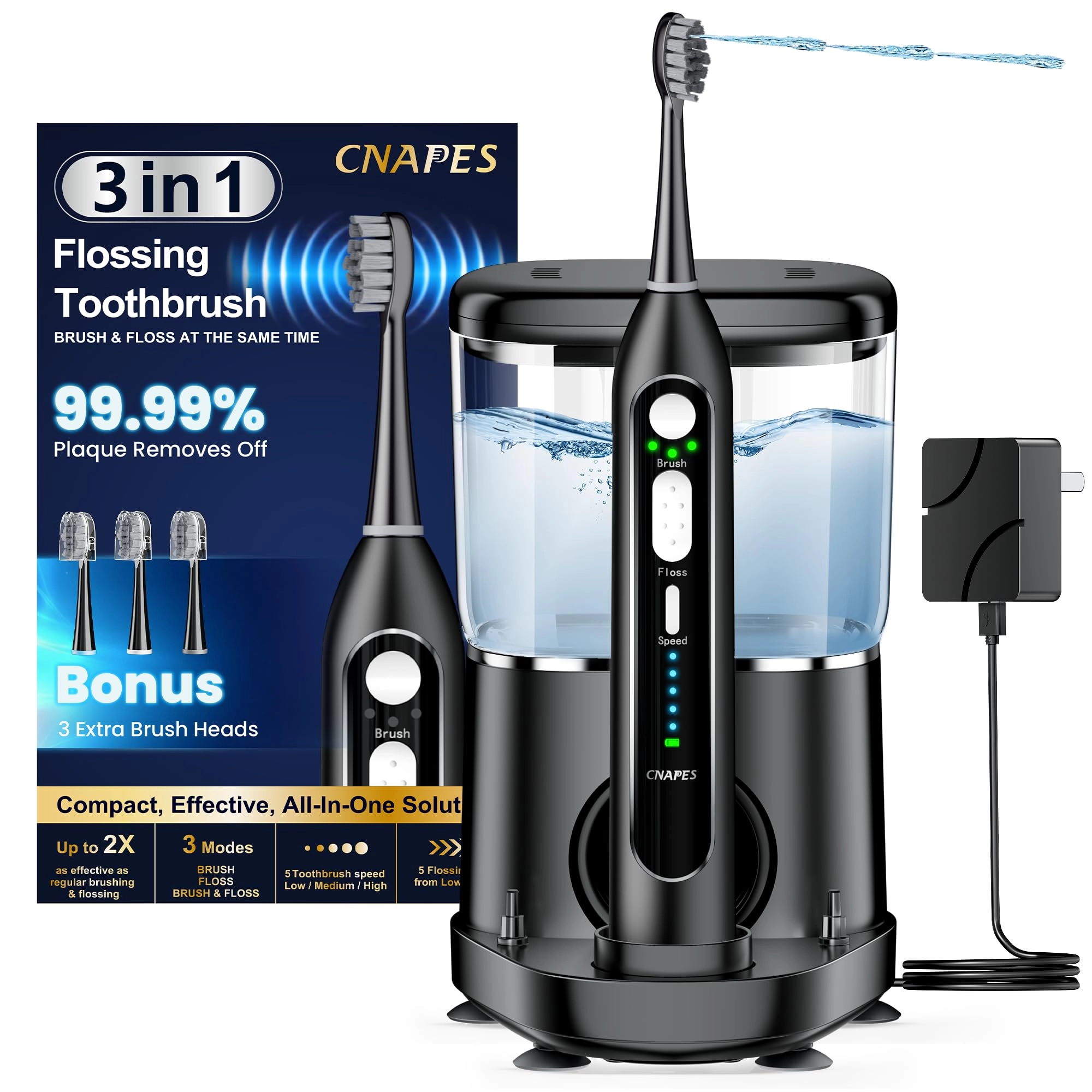 Electric Toothbrush with Water Flosser Combo - 3 Modes 5 Speeds Black
