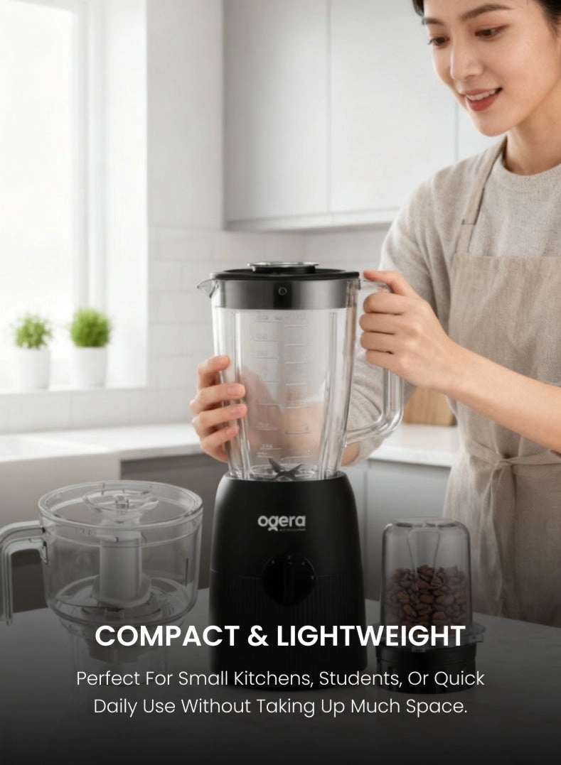 3-in-1 Electric Blender - Grinder & Chopper Attachments, Unbreakable Jar, Stainless-Steel Blades