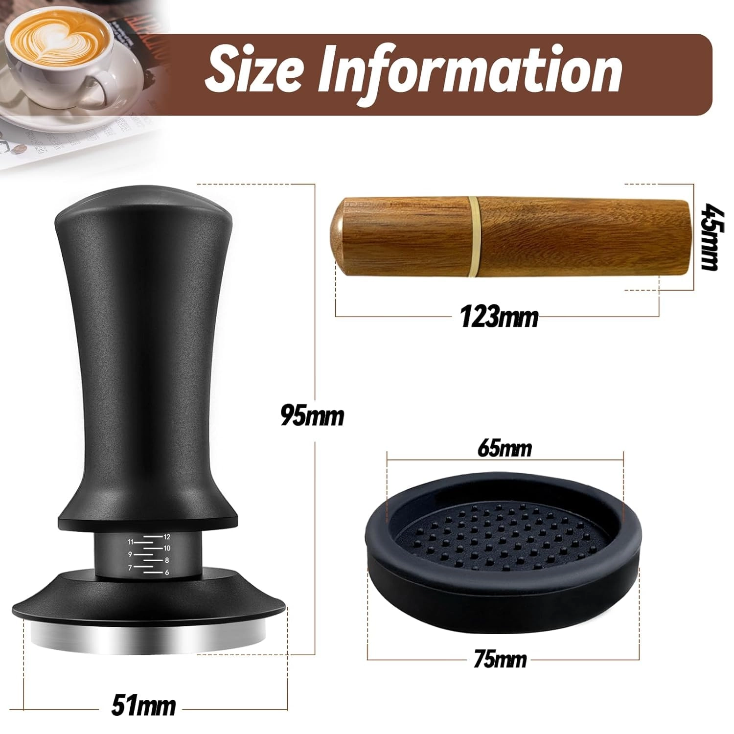 Espresso Tamper 51mm - Calibrated Spring Loaded 304 Stainless Steel Base + Silicone Tamper Mat + WDT Coffee Distribution Tool - 6 pins