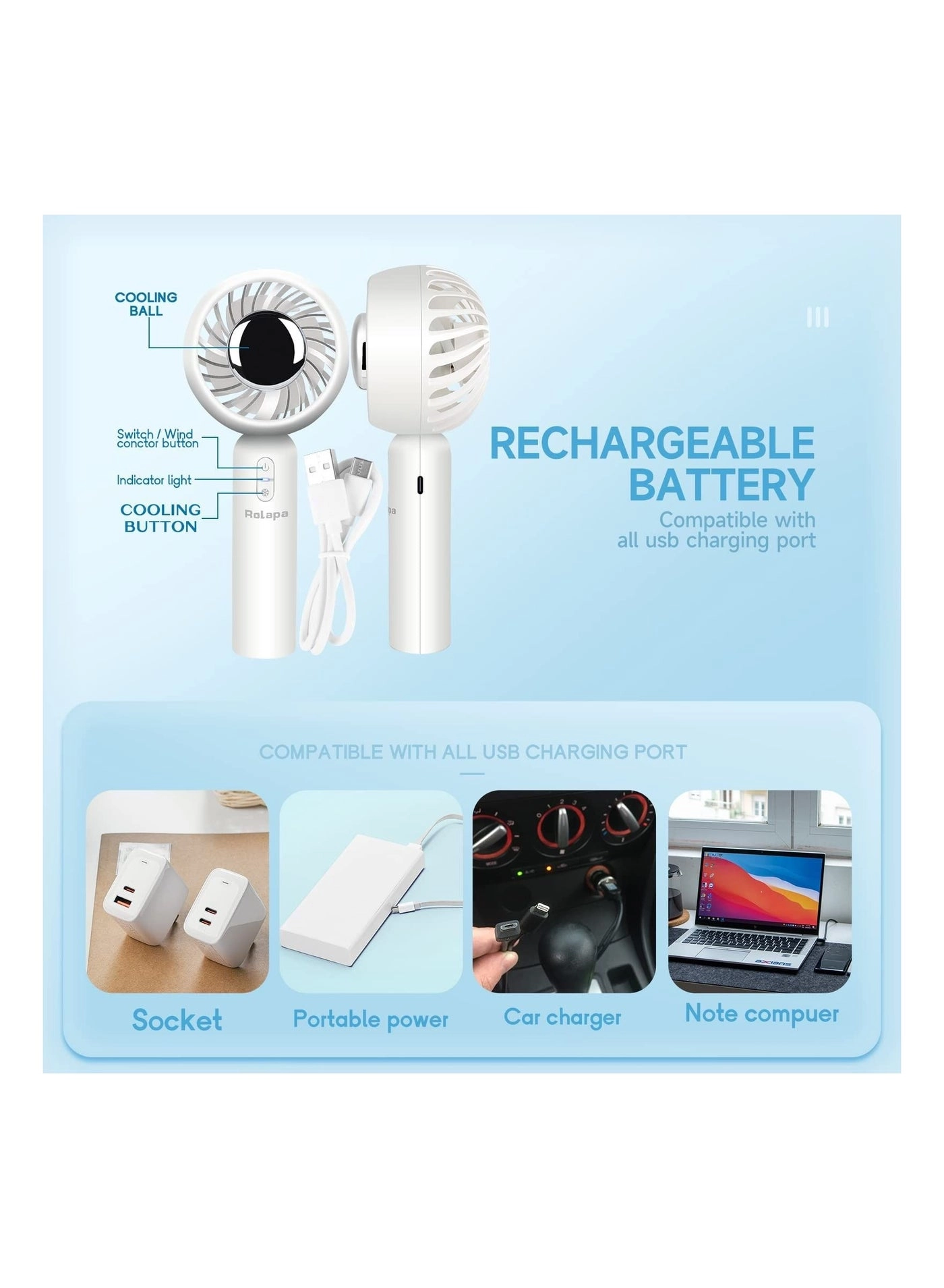Personal Handheld Fan - Instant Cooling Rechargeable 3 Speed