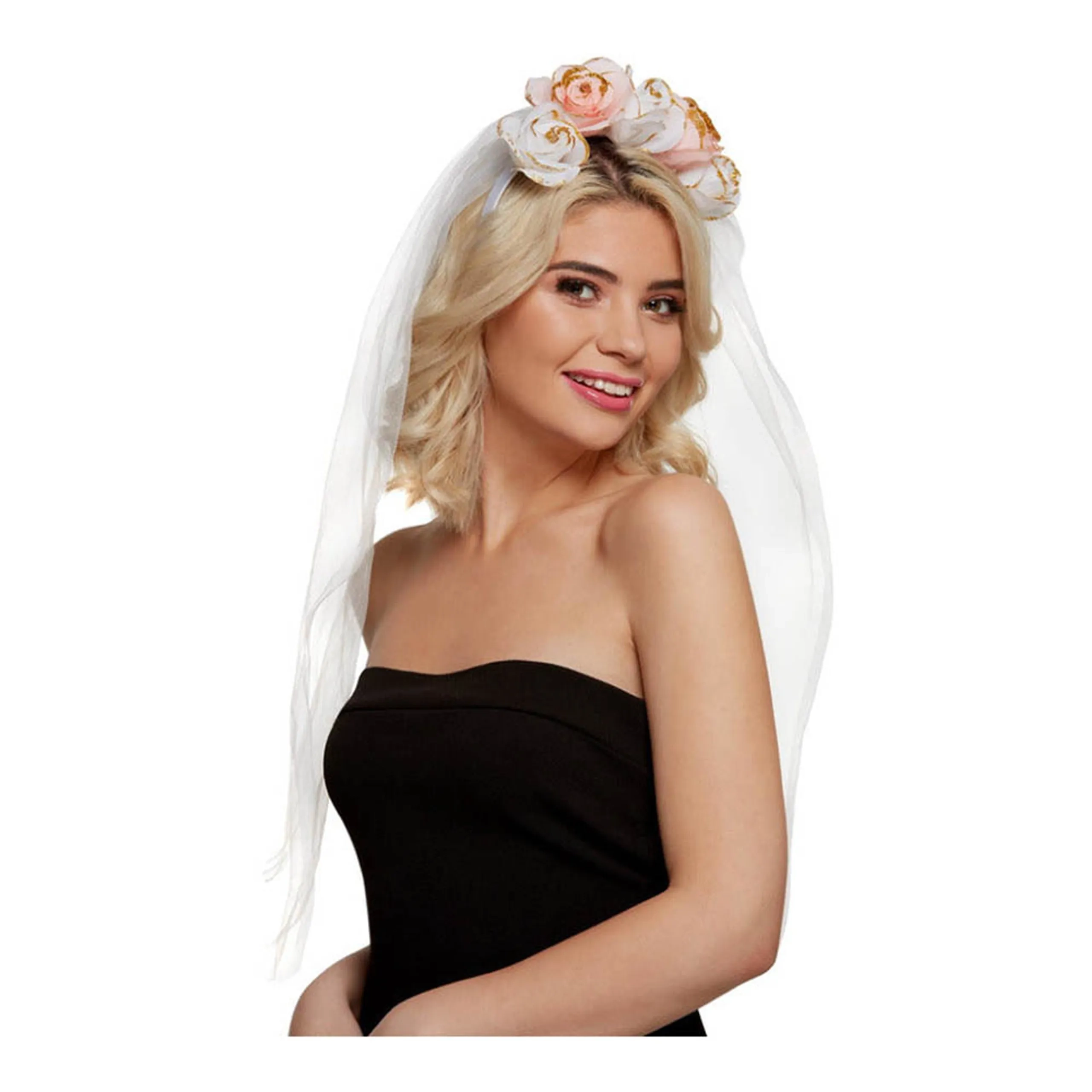 Smiffys Floral Headband withVeil - White/Pink One size