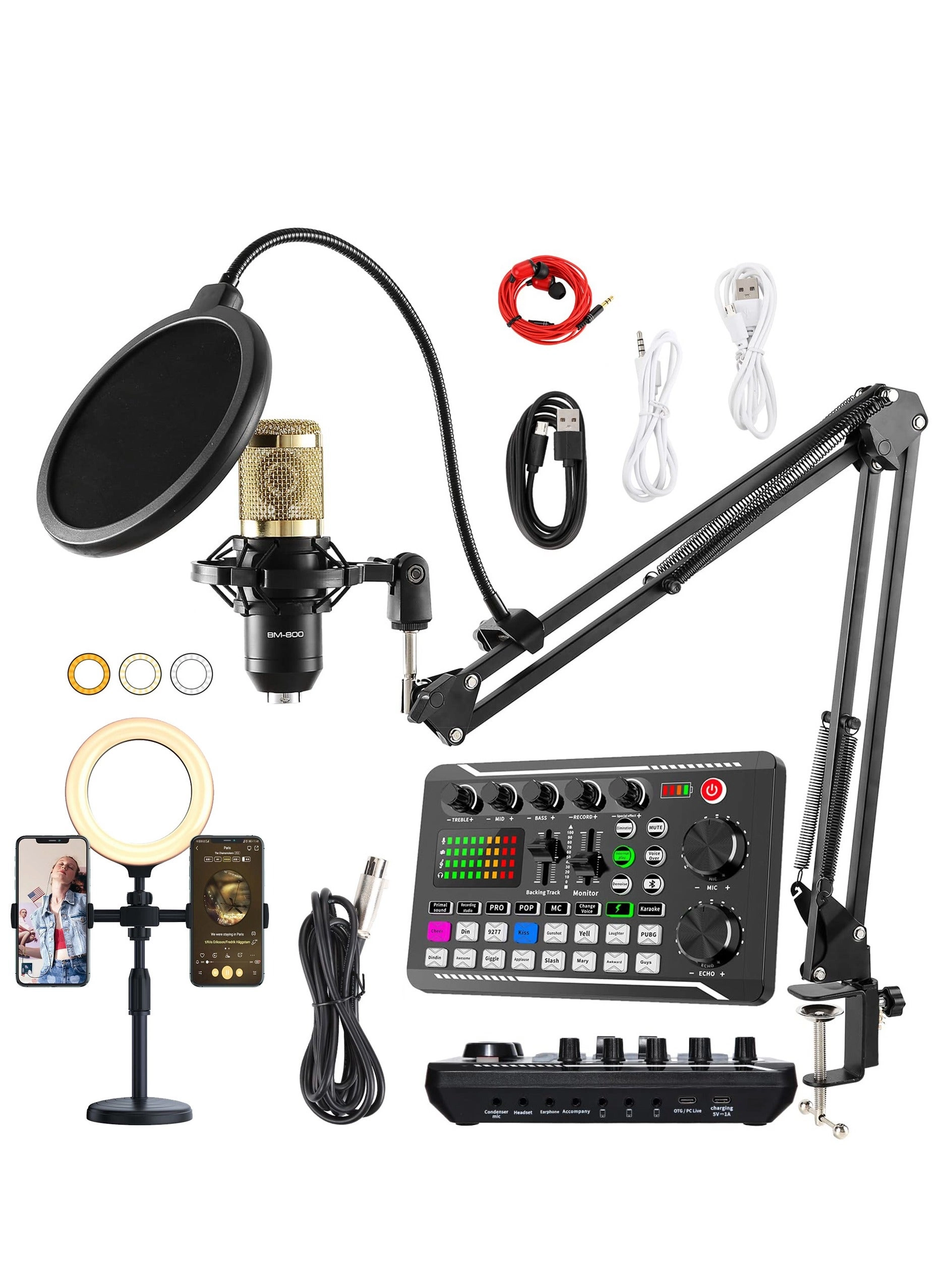 SINWE Ring Light + Phone Holder + BM-800 - Condenser Wired Microphone + F998 - Audio Mixer